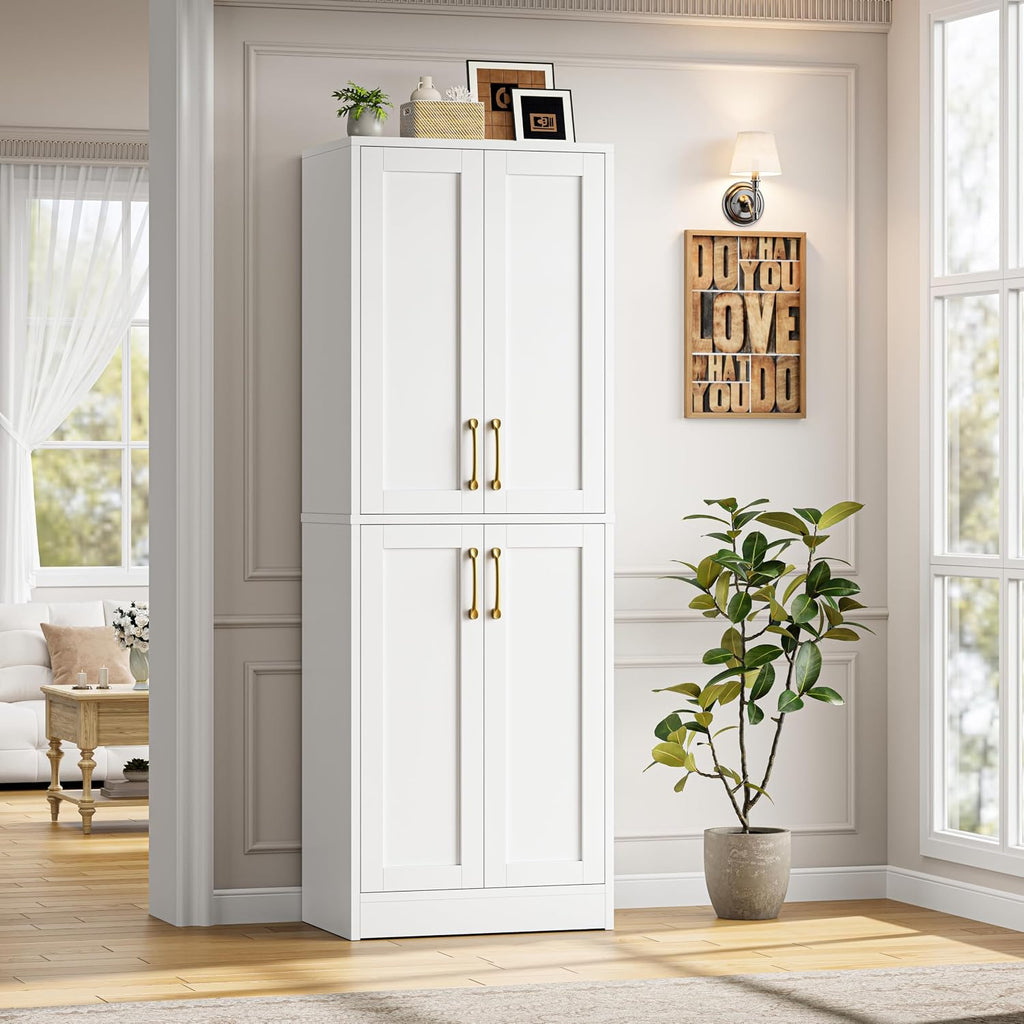 Tall Storage Cabinet, Kitchen Pantry with 4 Doors and Adjustable Shelves, Linen Bathroom Cabinet for Laundry Room, Dining Room, Living Room, Office, White