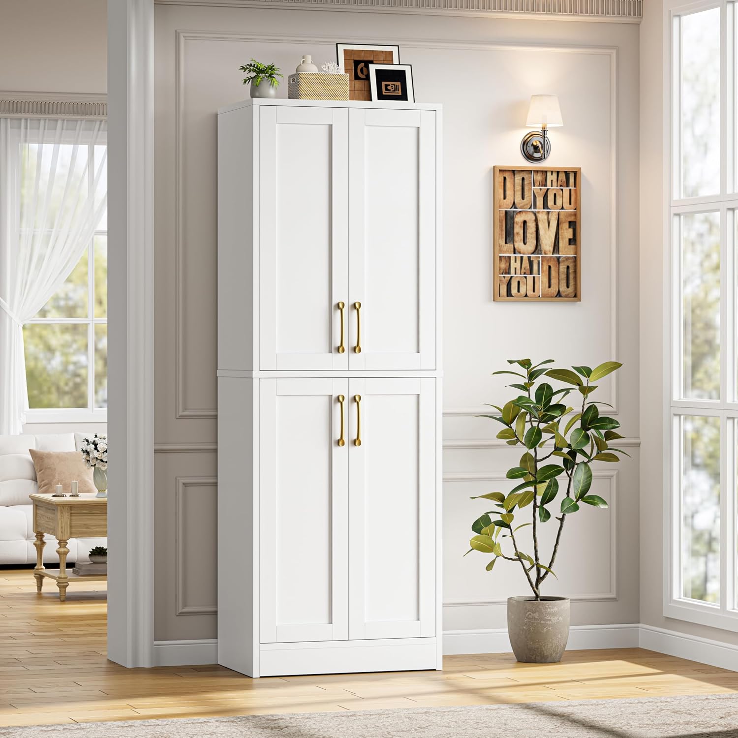 Tall Storage Cabinet, Kitchen Pantry with 4 Doors and Adjustable Shelves, Linen Bathroom Cabinet for Laundry Room, Dining Room, Living Room, Office, White