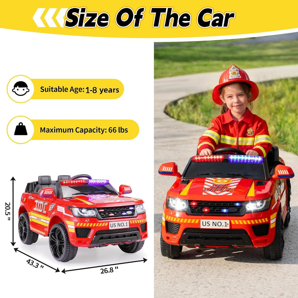 TOBBI Fire Truck Ride on Car 12V Electric Firetruck Battery Powered Vehicles for Kids to Drive with Remote Control, Bluetooth, Siren-Call, Walkie-Talkies for Toddlers Ages 1-8 Years, Red
