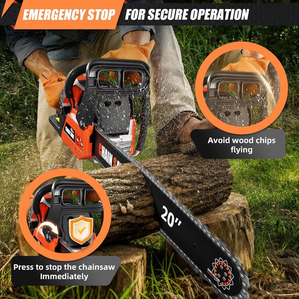 62CC Gas Chainsaw, Professional Chainsaw with 2-Stroke Engine, 20inch & 24inch Chain Saw Bar, Ergonomic Non-Slip Handle & Dual Fuel Tanks for Tree Wood Cutting