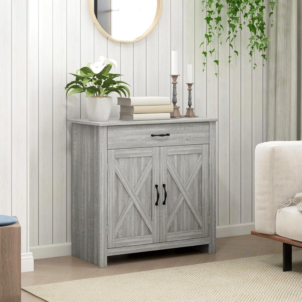 HOMCOM Farmhouse Sideboard Buffet Cabinet, Barn Door Coffee Bar Cabinet with Drawer and Adjustable Shelf for Kitchen, Living Room, Entryway, Stone Gray