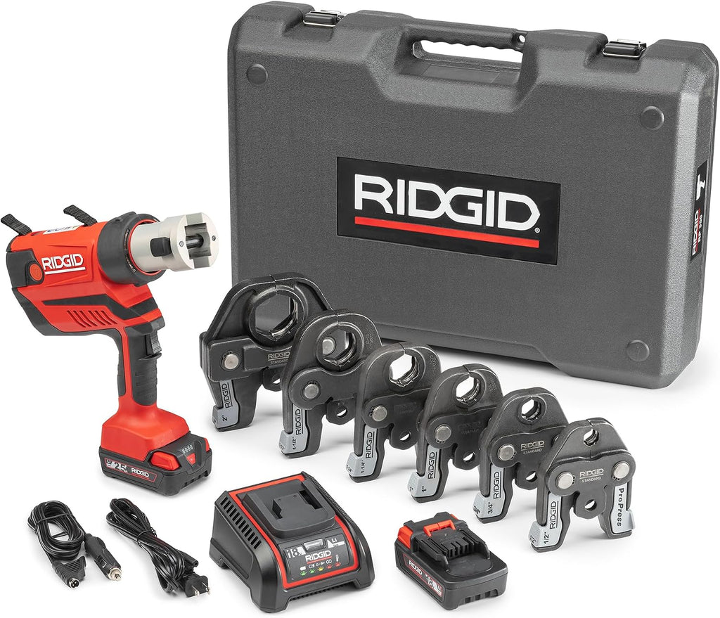 RIDGID 67053 RP 350 ProPress 8-Piece Pressing Tool Kit with 18-Volt Battery, Charger, 4 ProPress Press Tool Jaws (1/2' to 2'), and Case