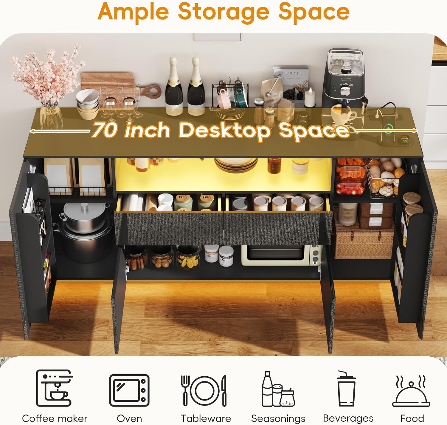 70 Inch Sideboard Buffet Cabinet with Storage, Kitchen Buffet Storage Cabinet with Power Outlets & LED Light, Coffee Bar Console Wine Bar with 2 Drawers & Door Shelves for Living Room, Kitchen, Black