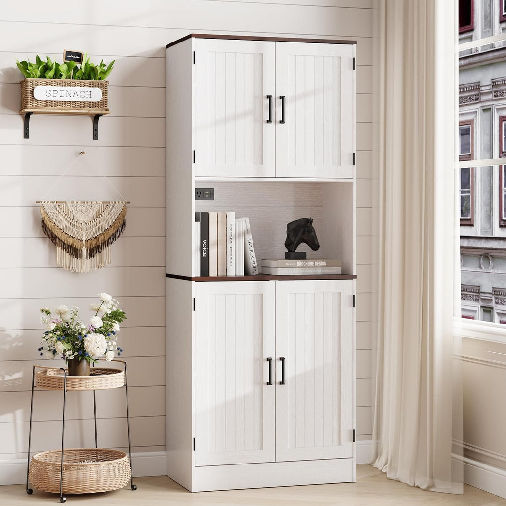 MHOM 71' Tall Pantry Cabinet with Charging Station, Farmhouse Kitchen Hutch with Adjustable Shelves, Modern Kitchen Pantry Storage Cabinet for Dinning Room & Living Room, Antique White
