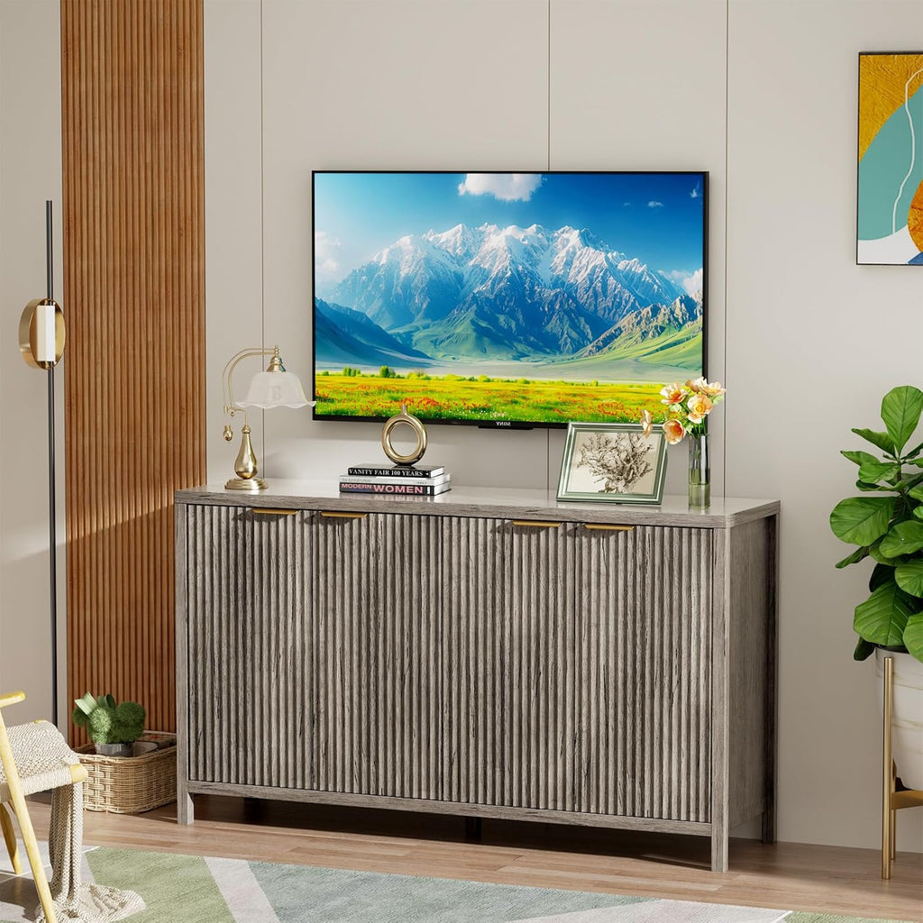 Fluted Sideboard Buffet Cabinet, 55' Large Storage Buffet Cabinet with 4 Doors and Adjustable Shelves, Modern Sideboard Console Table for Living Room,Entryway,Dinning Room,Kitchen-Grey