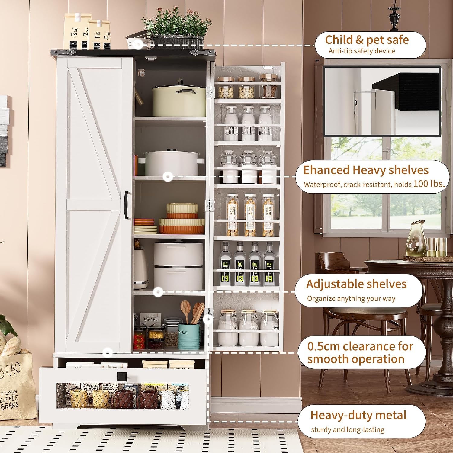 kepptory 55' Pantry Storage Cabinet with Adjustable Shelvesand Drawer, Buffet Cupboard for Kitchen