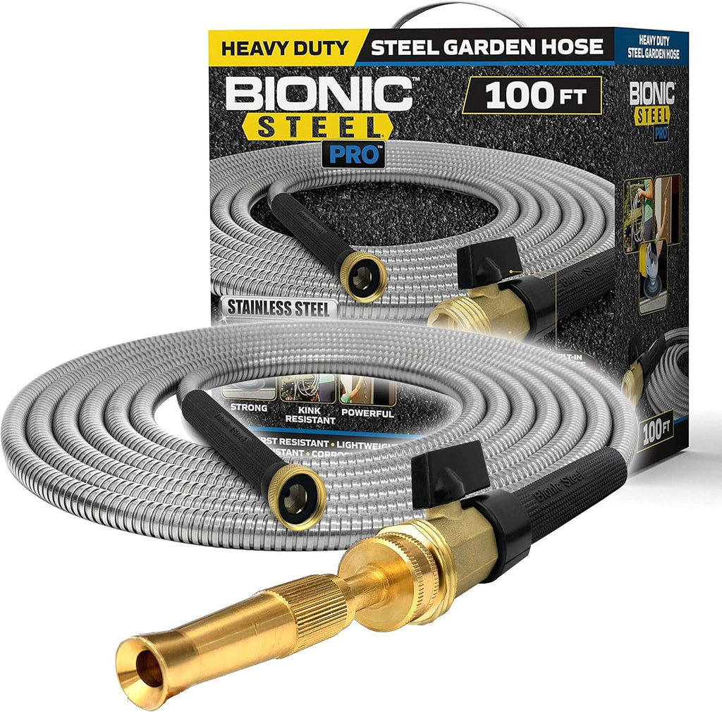 Suncast 100 Foot Capacity Durable All Weather Outdoor Plastic Garden Hose Reel Hideaway & Bionic Steel PRO 100 FT Garden Hose, 304 Stainless Steel Metal Water Hose 100Ft, Flexible Hose