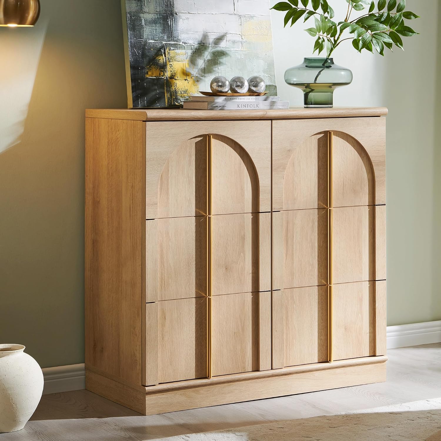 ACCOHOHO Sideboard Buffet Cabinet with Storage & Arched Doors, 31.5 Inch Wood Accent Coffee Bar Tables with Adjustable Shelf, for Living Room, Kitchen, Entryway, Natural Oak