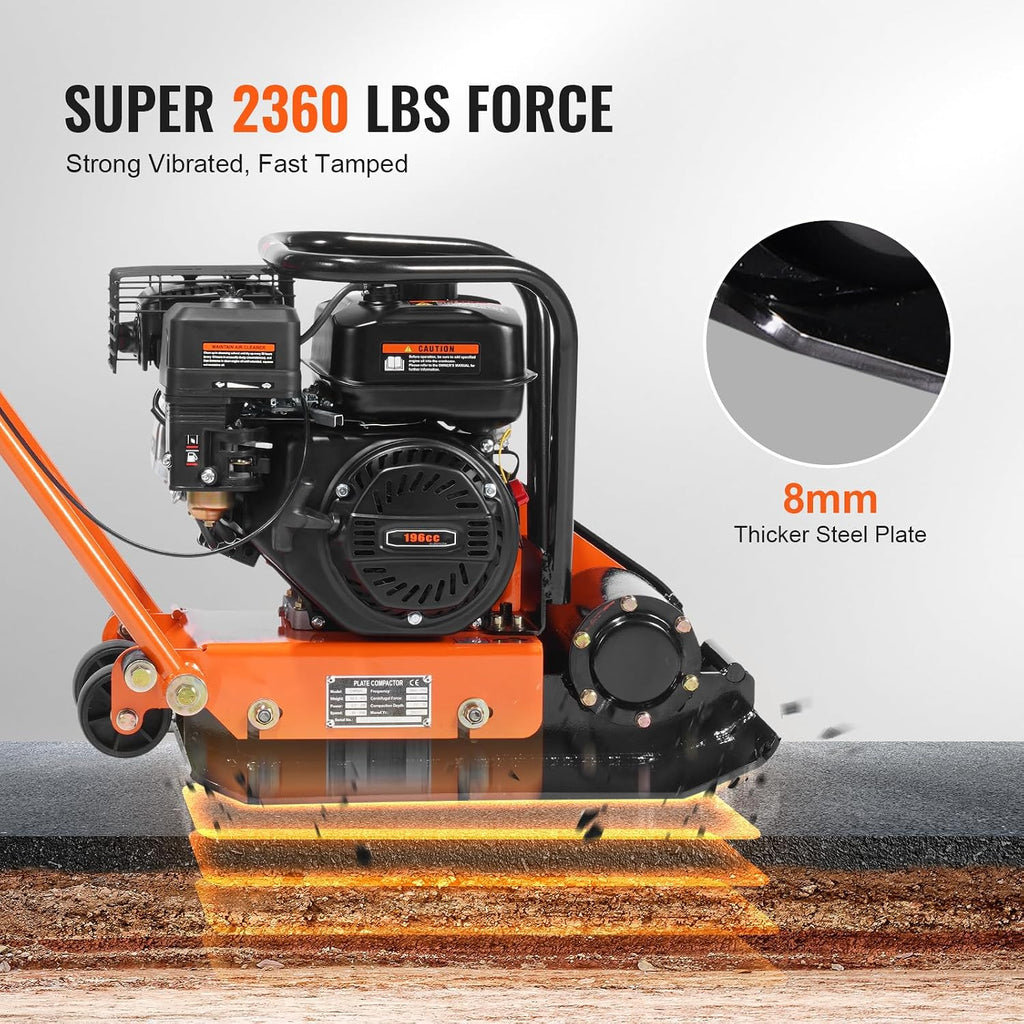 VEVOR 6.5HP Plate Compactor, 196CC Gas Engine, 2360 lbs Vibratory Compaction Tamper, 22.1x15.9 in Plate Power Jumping Jack Tamper, 5600 VPM Pavement Compactor for Walkways, Asphalts, Paver Landscaping
