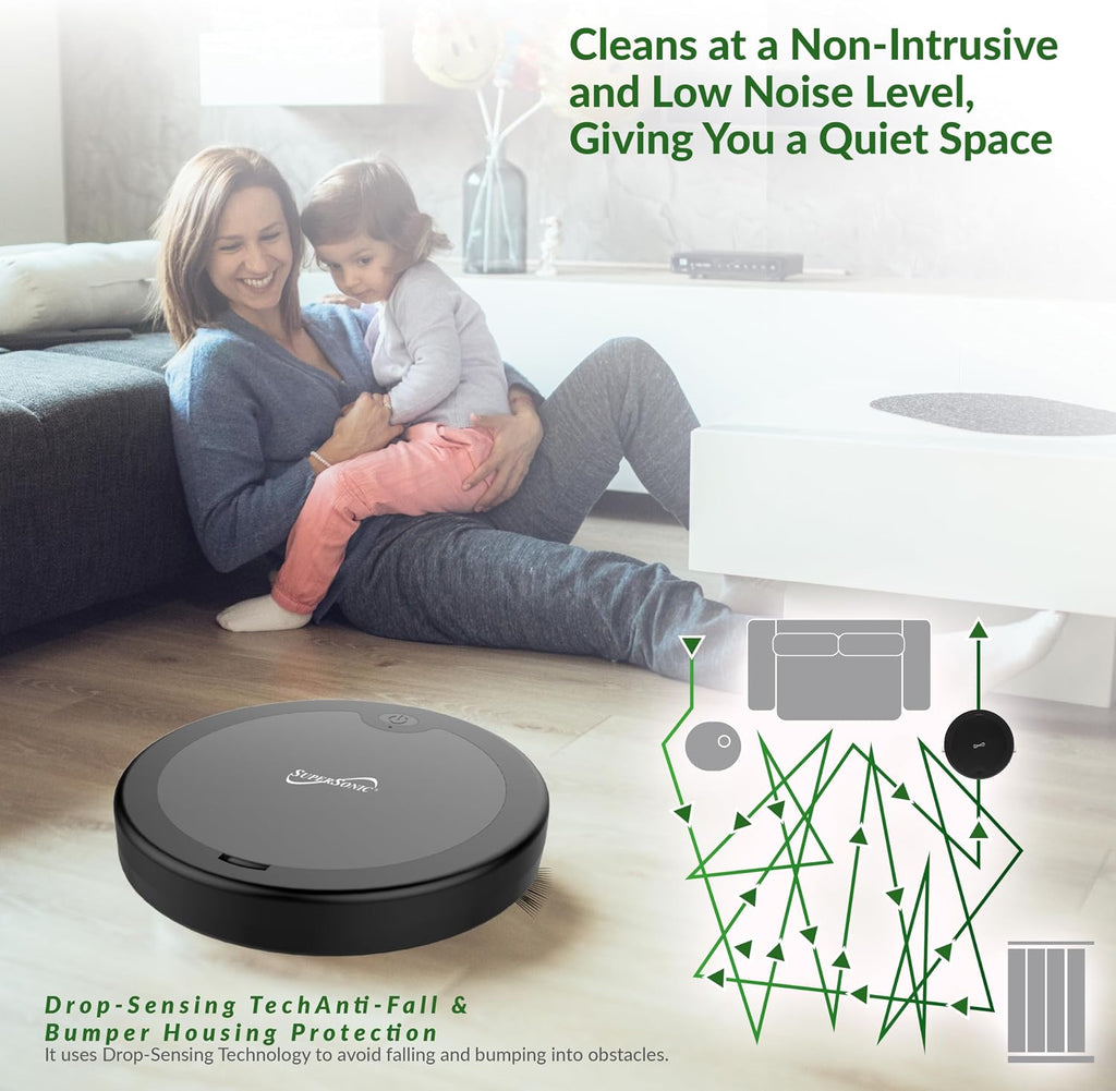 Supersonic SC-820SV Robot Vacuum & Dry Mop, Quiet Clean, Low-Profile Design, 120 Minutes Cleaning Time, Drop-Sensing Technology, 420ML Dust Bin, Brushless Motor, Fast Charging