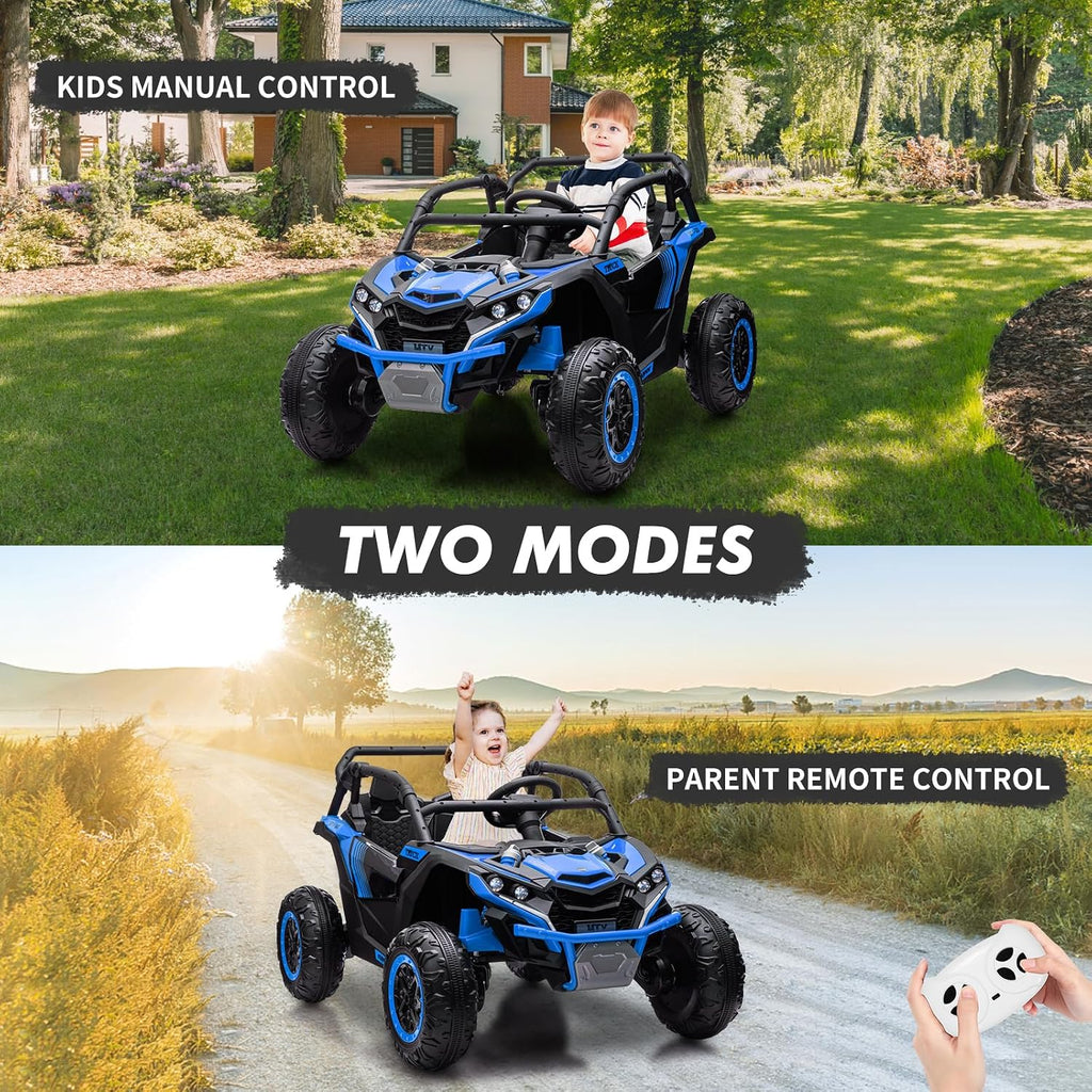 GarveeLife 24V Ride On Utv for Kids, 2 Seater 4WD Electric Truck with Remote Control, High and Low Speed Adjustment, Led Lights, 4-Wheel Shock Absorption, One Click Start, Music Player(Blue)