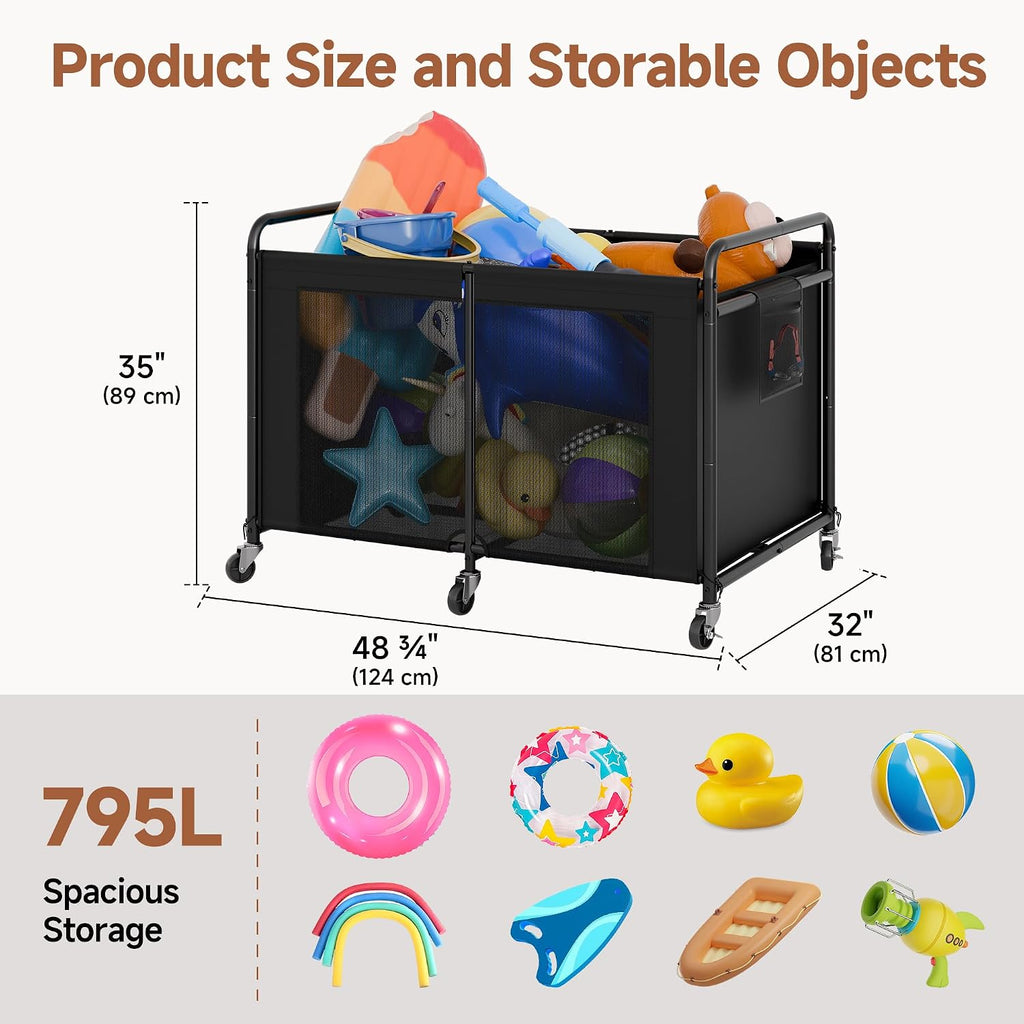 StorageWorks 210 Gallon Pool Float Storage, Mesh Pool Toy Storage Bin with Wheel and Side Pockets, Large Swimming Organizer, Outdoor Noodles Holder, Black