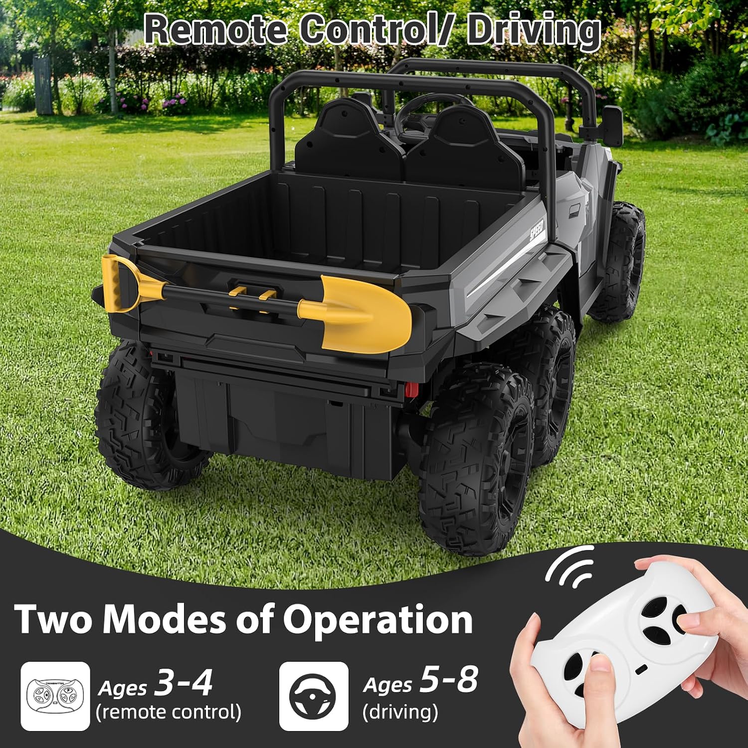 Garvee 24V 4WD Electric Ride On Dump Truck with Remote Control | 2-Seater Kids Ride On Car | Music Player & LED Lights | Birthday Gift for Ages 3+ (Key Start Safety System)