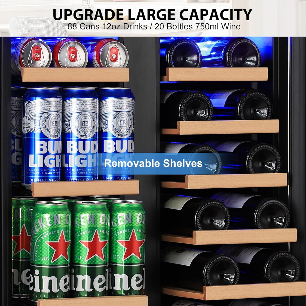 ORYMUSE 24 Inch Dual Zone Wine and Beverage Refrigerator, Built-in or Freestanding Cooler with French Doors, Under Counter Drink Fridge with Upgraded Compressor for Beer, Wine, and Soda