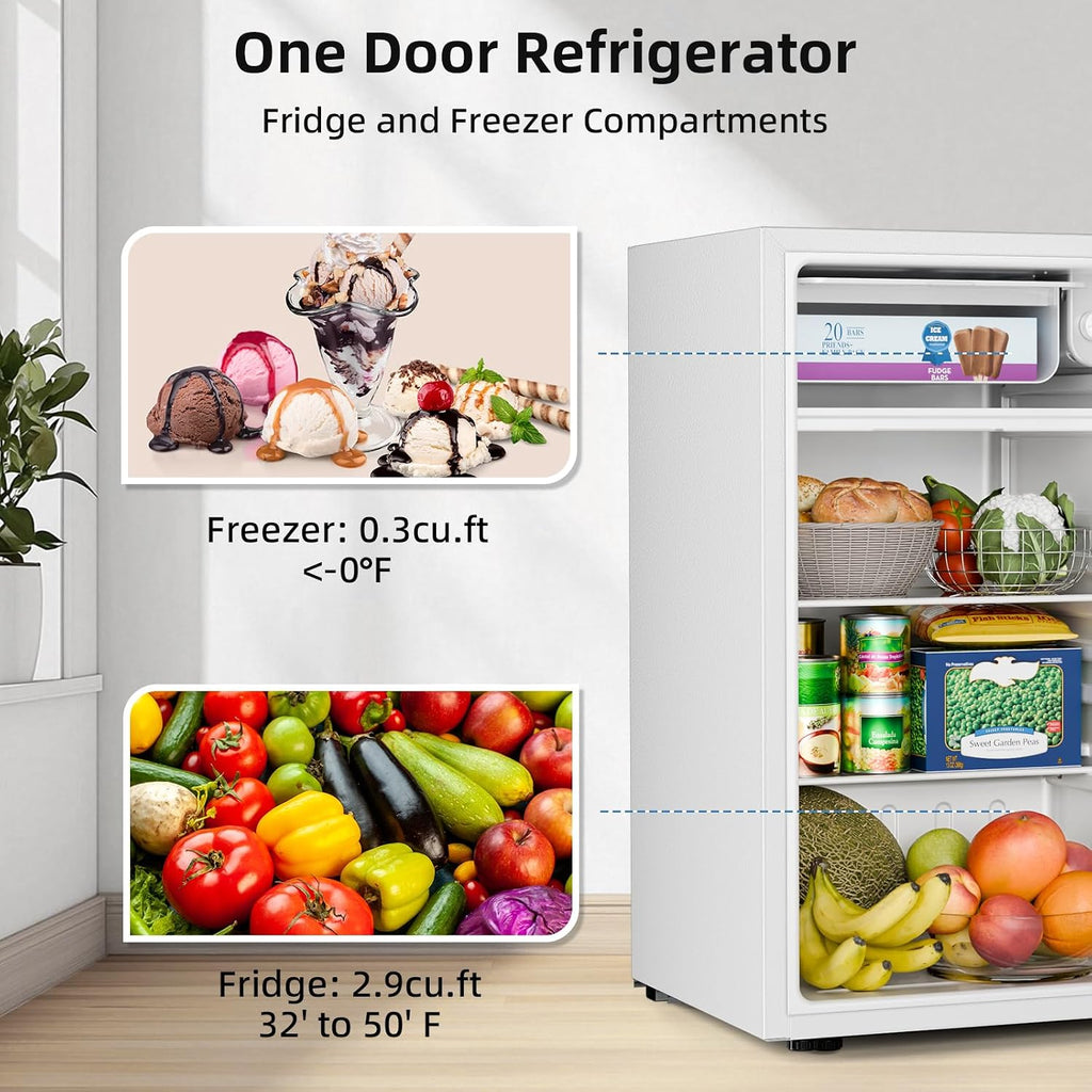 Antarctic Star Compact Refrigerator with Freezer, 3.2 Cu.Ft Mini Fridge with Adjustable Thermostat,Single Door,Removable Glass Shelves for Dorm/Kitchen/Office,WHITE