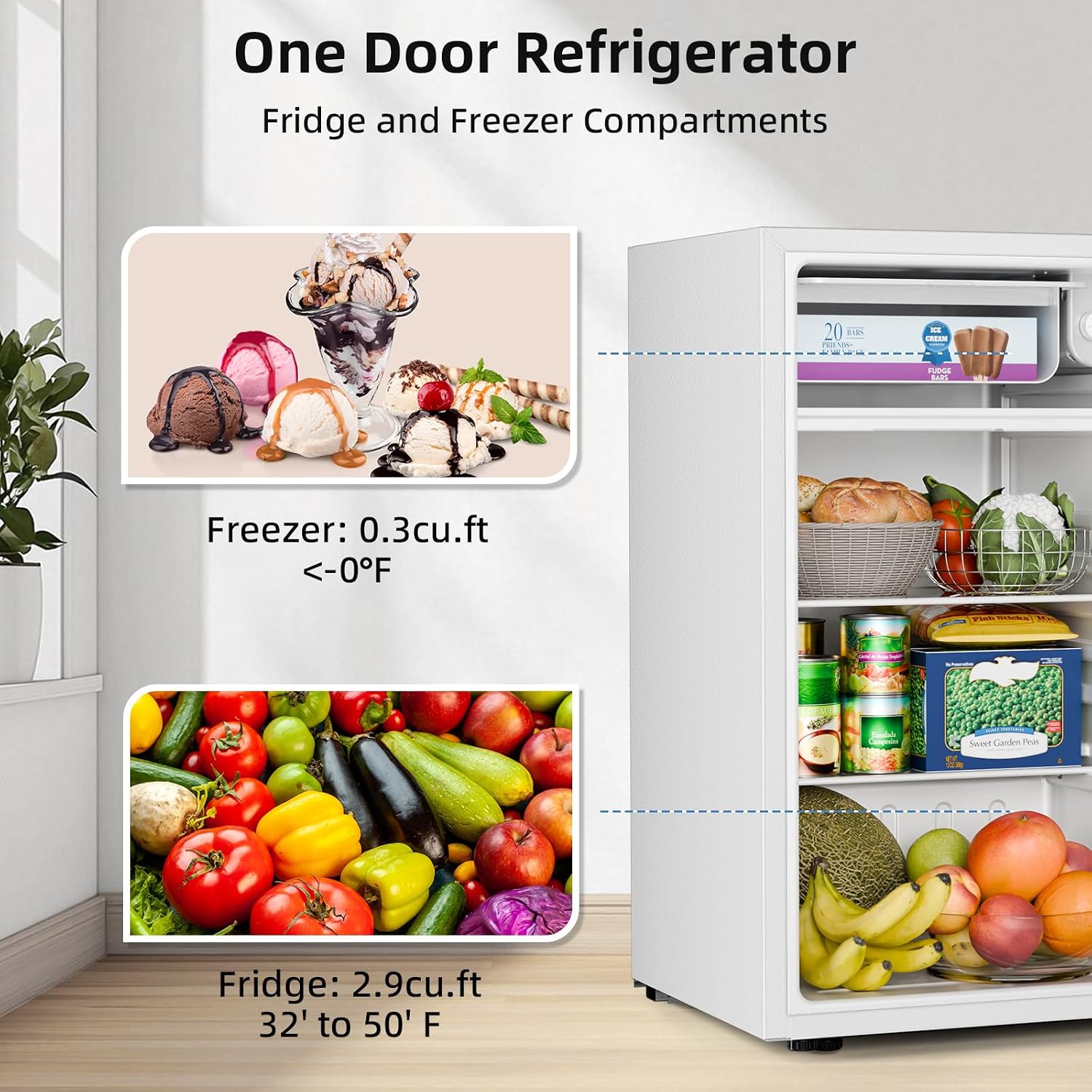 Antarctic Star Compact Refrigerator with Freezer, 3.2 Cu.Ft Mini Fridge with Adjustable Thermostat,Single Door,Removable Glass Shelves for Dorm/Kitchen/Office,WHITE