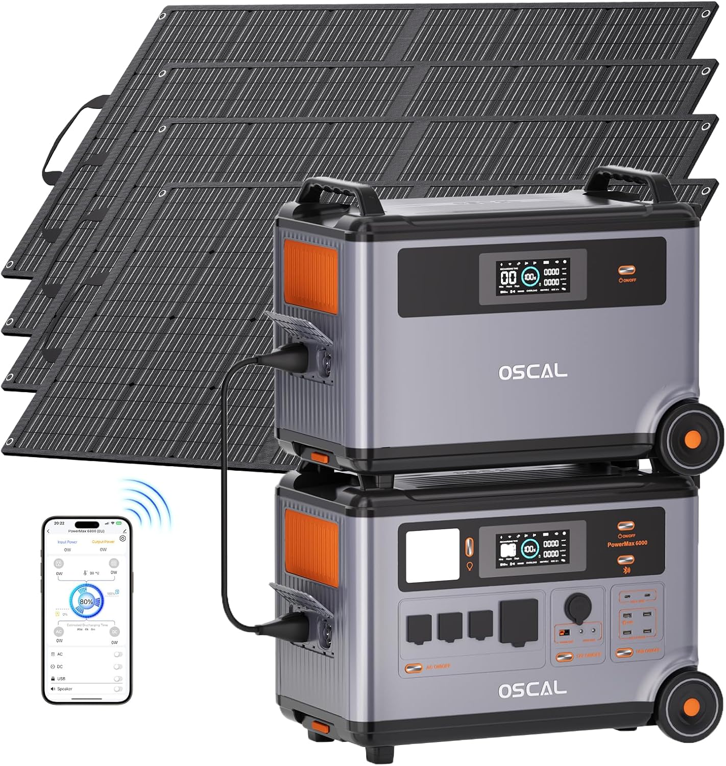 OSCAL 6000W(9000W Peak) Portable Solar Power Station with 4 * 100W Solar Panels, 3600Wh LiFePO4 Battery with 3600Wh Expansion Battery Pack, 2400W Solar Charging Generator for Camping, Home, Emergency