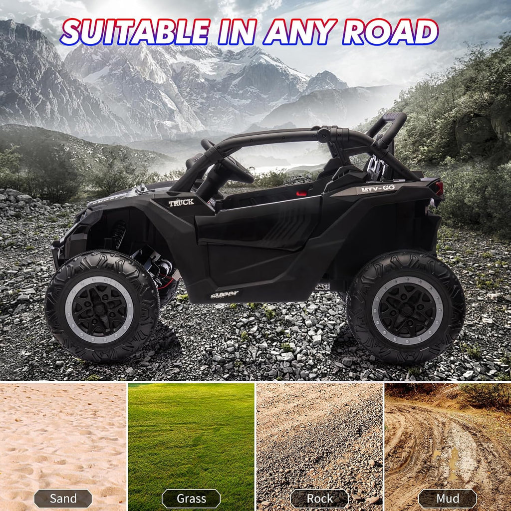 GarveeLife 24V Ride On Utv for Kids, 2 Seater 4WD Electric Truck with Remote Control, High and Low Speed Adjustment, Led Lights, 4-Wheel Shock Absorption, One Click Start, Music Player(Black)