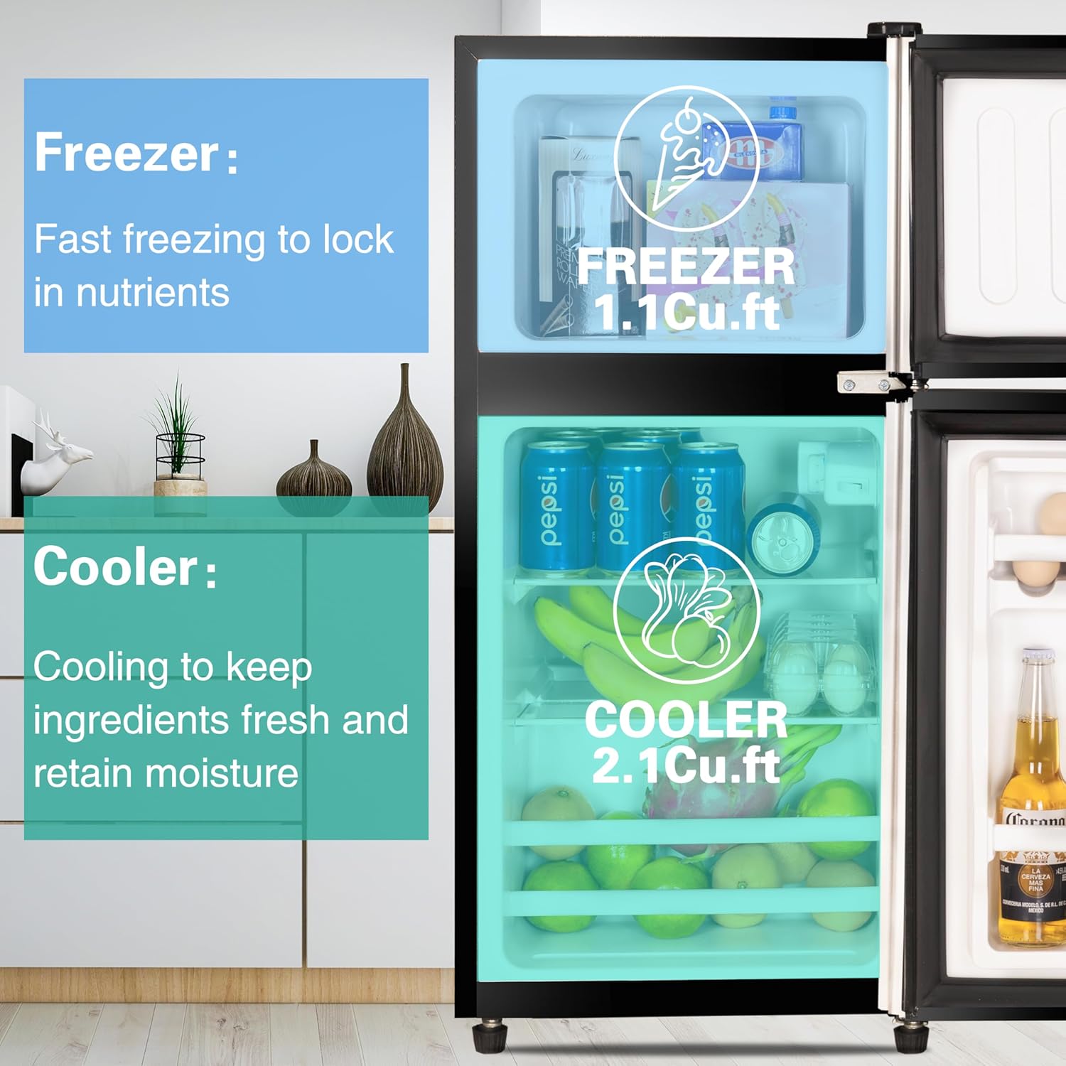 Anukis Compact Refrigerator 3.2 Cu Ft 2 Door Mini Fridge with Freezer for Apartment, Dorm, Office, Family, Basement, Garage - Silver
