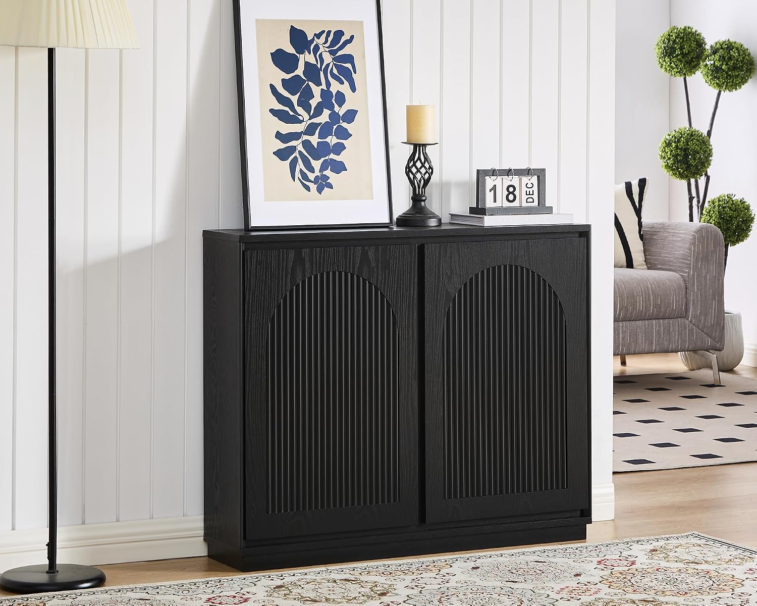 LKTART 39' Black Narrow Sideboard Buffet,Small Credenza Storage Cabinet | Black Sideboard Buffet Cabinet with Arched Solid Wood Doors;Slim Entryway Cabinet for Hallway;Mid Century Modern Thin Cabinet