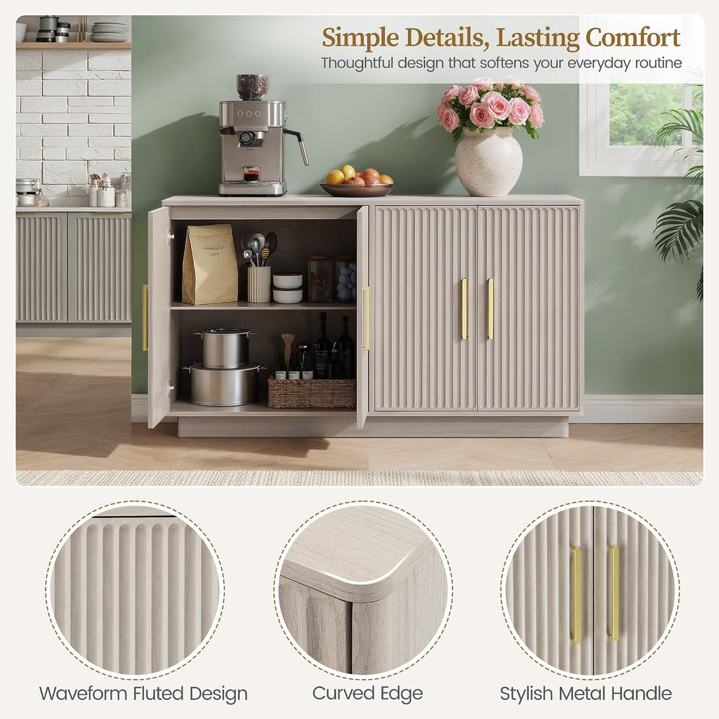 PAPROOS 55' Modern Fluted Sideboard Buffet Cabinet, Space-Saving Storage Credenza for Home Coffee Bar, 4-Door Accent Furniture with Adjustable Shelves for Clutter-Free Living (Beige Gray-1)