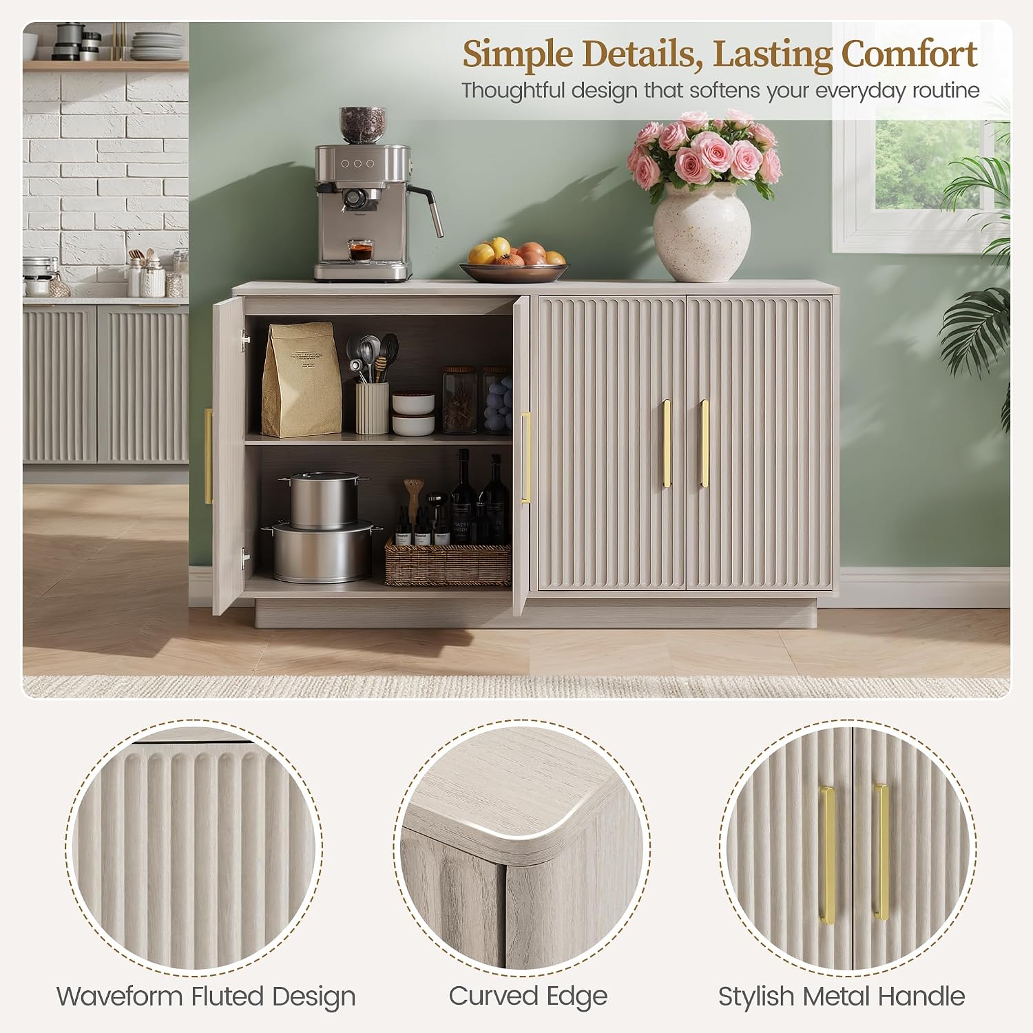 PAPROOS 55' Modern Fluted Sideboard Buffet Cabinet, Space-Saving Storage Credenza for Home Coffee Bar, 4-Door Accent Furniture with Adjustable Shelves for Clutter-Free Living (Beige Gray-1)