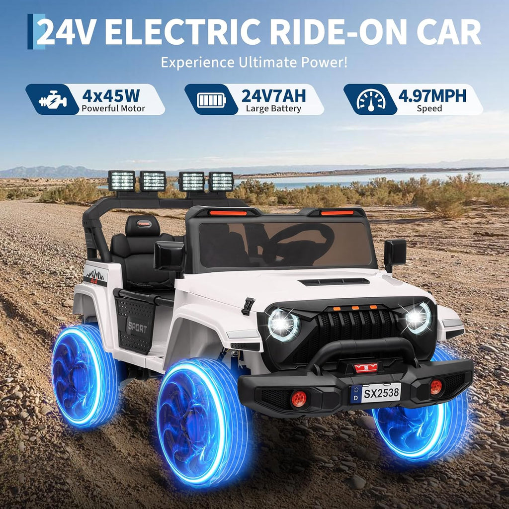 GarveeLife 24V Ride on Toys, 2 Seater Kids Ride on Truck Car, Parent Remote Control, 4WD 800w Motor, 3 Adjustable Speeds, Built-in Music Player, Kids Electric Ride on Toys with Easy Assembly, White