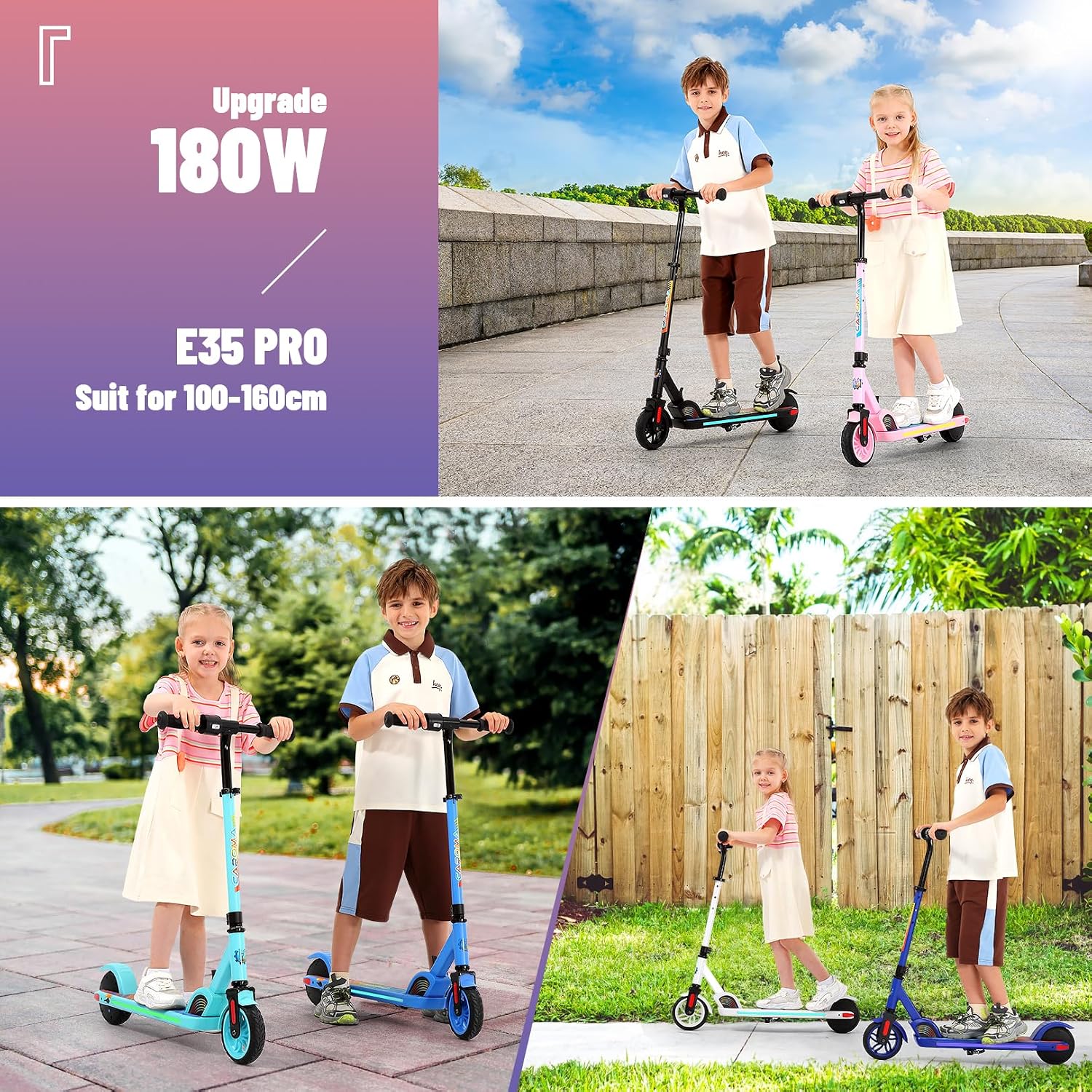 Caroma E35 Kids Electric Scooter for Ages 8-12, 150W Motor Up to 7 Miles Range & 10 MPH Speed, LED Display, Colorful Rainbow Lights, Adjustable Height, Foldable & Lightweight Design
