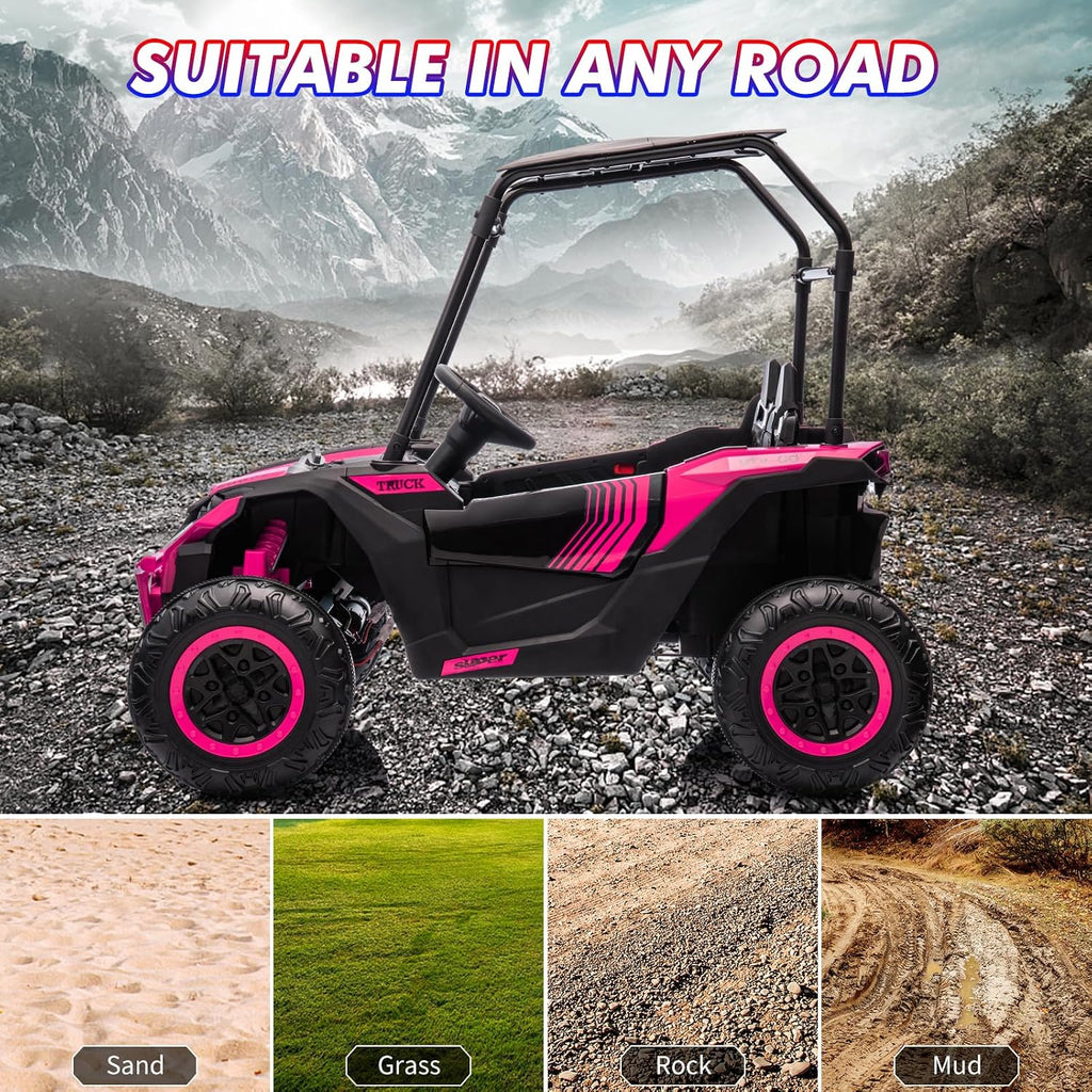 GarveeLife 24V Ride On Utv for Kids, 2 Seater Electric Truck with Sun Shade, 4WD Electric Car Toy with Remote Control, Led Lights, 4 Shock Absorbersm, One Click Start, Music Player(Rose)