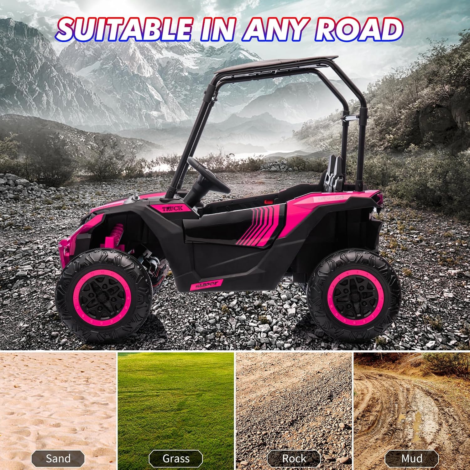 GarveeLife 24V Ride On Utv for Kids, 2 Seater Electric Truck with Sun Shade, 4WD Electric Car Toy with Remote Control, Led Lights, 4 Shock Absorbersm, One Click Start, Music Player(Rose)