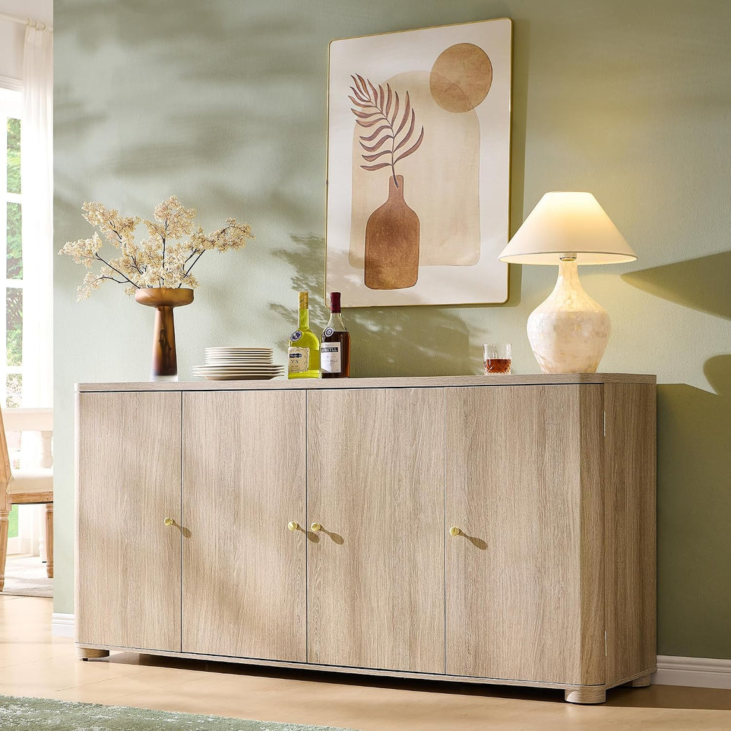 IFGET Curved Buffet Cabinet with Doors, 66' Large Sideboard Buffet Storage Cabinet with 4 Doors and Shleves, Modern Coffee Bar Station Wood Kitchen Table for Kitchen, Dining Room, Light Grey