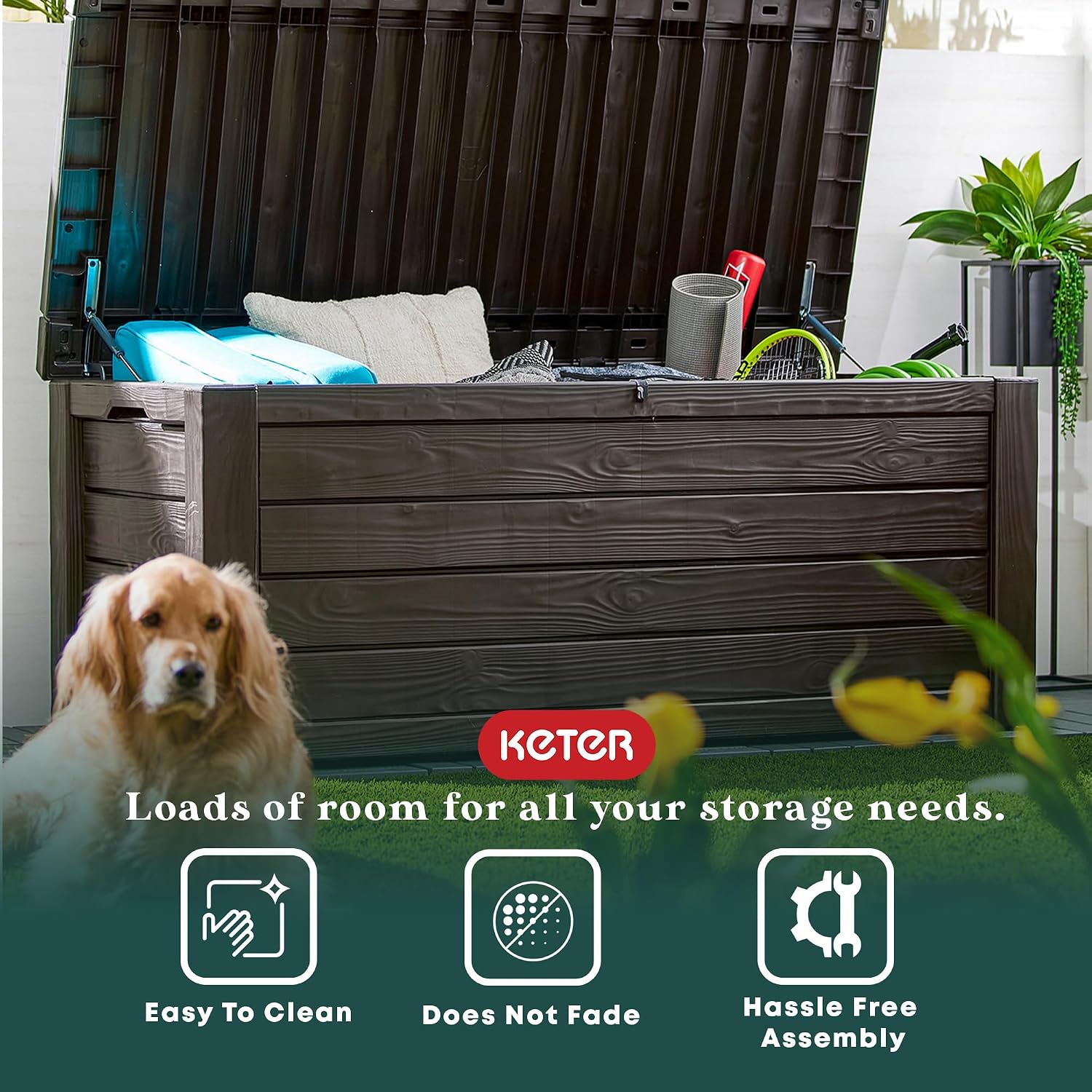 Keter Circa 37 Gal Round Patio Box Storage Table, Seating Bundled with Westwood 150 Gallon Plastic Outdoor Furniture Storage Deck Box, Brown