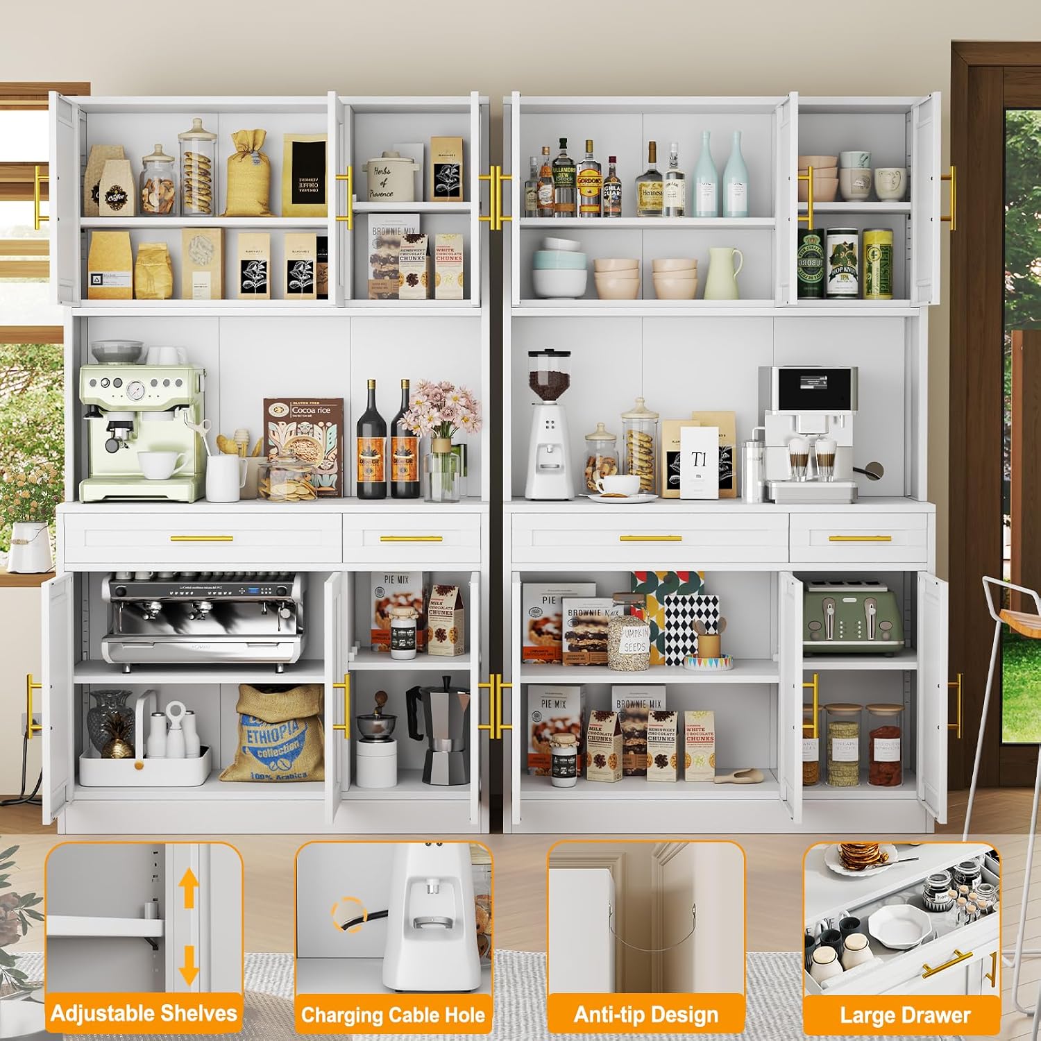 GAIOUS 71' Metal Kitchen Pantry Cabinet, Buffet Sideboard with Drawers | 6 Doors 4 Adjustable Shelves Open Countertop Charging Cable Hole Coffee Bar Cabinet Cupboard for Dining Living White