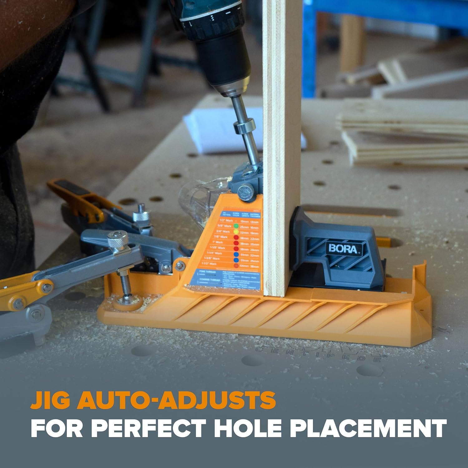 BORA Automatic Pocket Hole Jig with 3' Face Clamp and 50 Screws, Auto Adjusting Drill Guide, Pocket Hole Jig Kit for Woodworking - For Materials 1/2 inch to 1 1/2 inch Thick, Power Tool Accessory Jigs