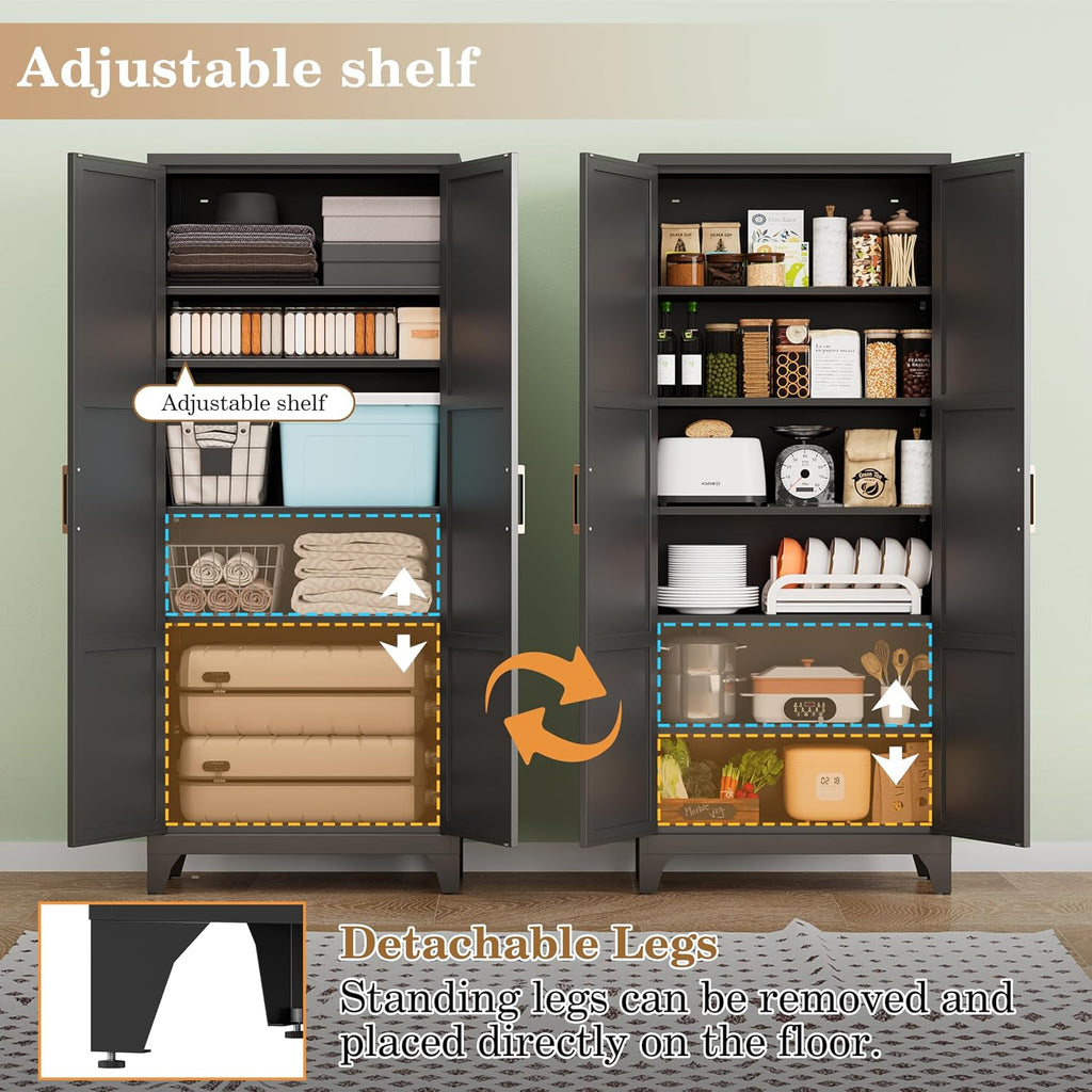 74.8' Black Freestanding Metal Pantry Cabinet, Magnetic Doors & 5 Adjustable Shelves, Anti-Tip Closed Storage Cupboard for Kitchen, Laundry, Garage & Home Office