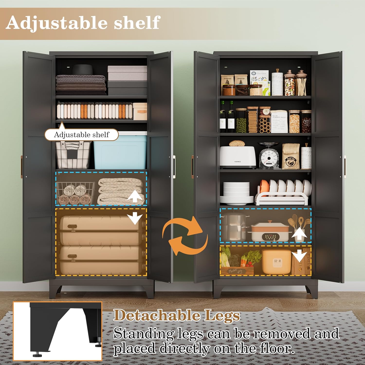 74.8' Black Freestanding Metal Pantry Cabinet, Magnetic Doors & 5 Adjustable Shelves, Anti-Tip Closed Storage Cupboard for Kitchen, Laundry, Garage & Home Office