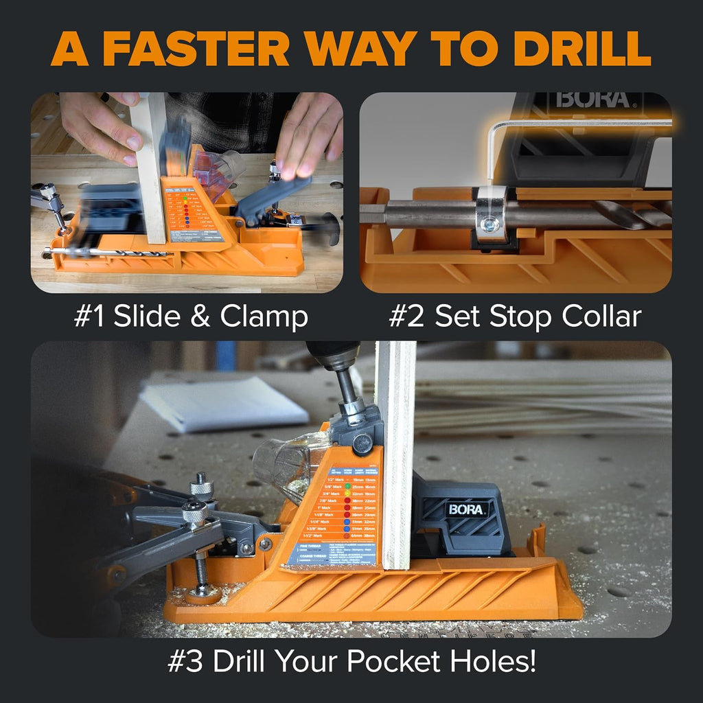 BORA Automatic Pocket Hole Jig with 750 pc Screw Set & 3 inch Face Clamp, Auto Adjusting Drill Guide, Pocket Hole Jig Kit for Woodworking - For Materials 1/2 inch to 1 1/2 inch Thick