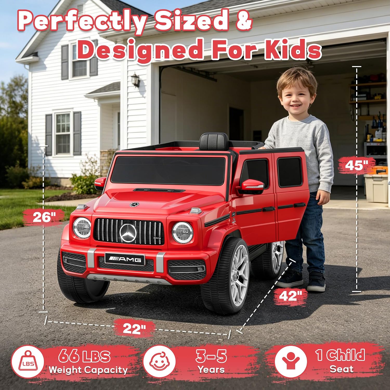 Licensed Mercedes Benz G63 Kids Electric Car, 12V G Wagon Ride on Car w/Safety High Window, Remote Control, 3 Speeds, Music Player, Horn & LED Lights for Toddlers (Red)