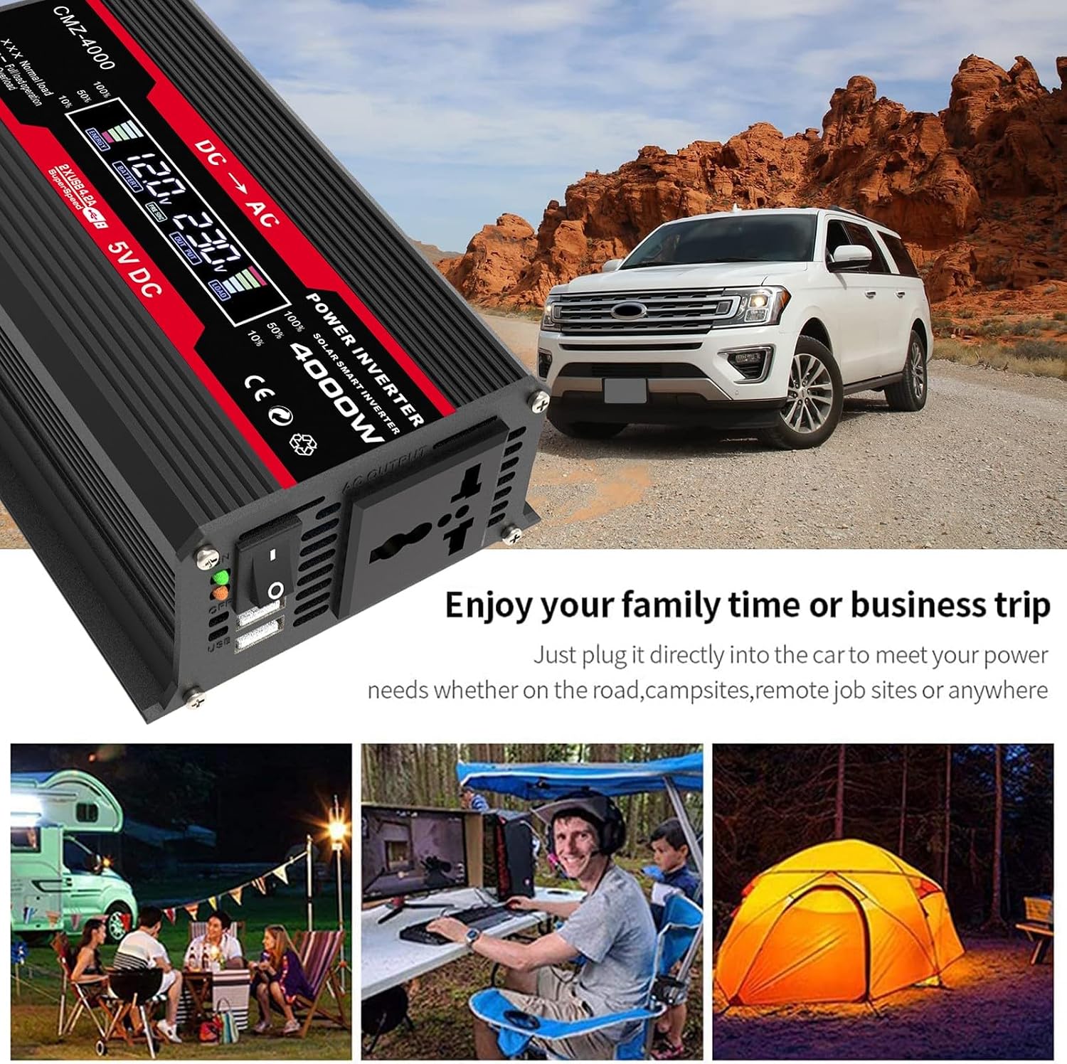 18W 12V Off-Grid Solar Panel Kit with 4000W Inverter & 30A Charge Controller, Portable Solar Generator for RV, Camping, Outdoor Emergency Backup Power(Red)
