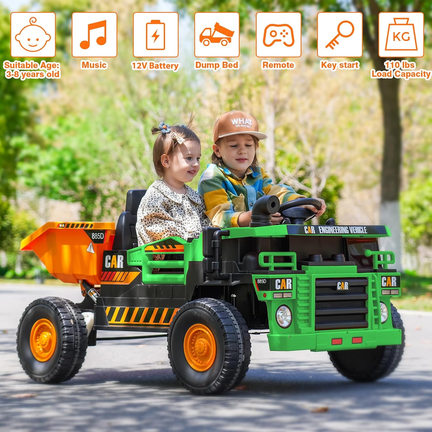 RunFast 12V 2 Seater Ride on Dump Truck for Kids,Electric Ride on Cars with Remote Control,2X35W Powerful Motors Up to 4Mph,Electric Dump Bed,Extra Shovel,Music Player(Green+Yellow,12V)