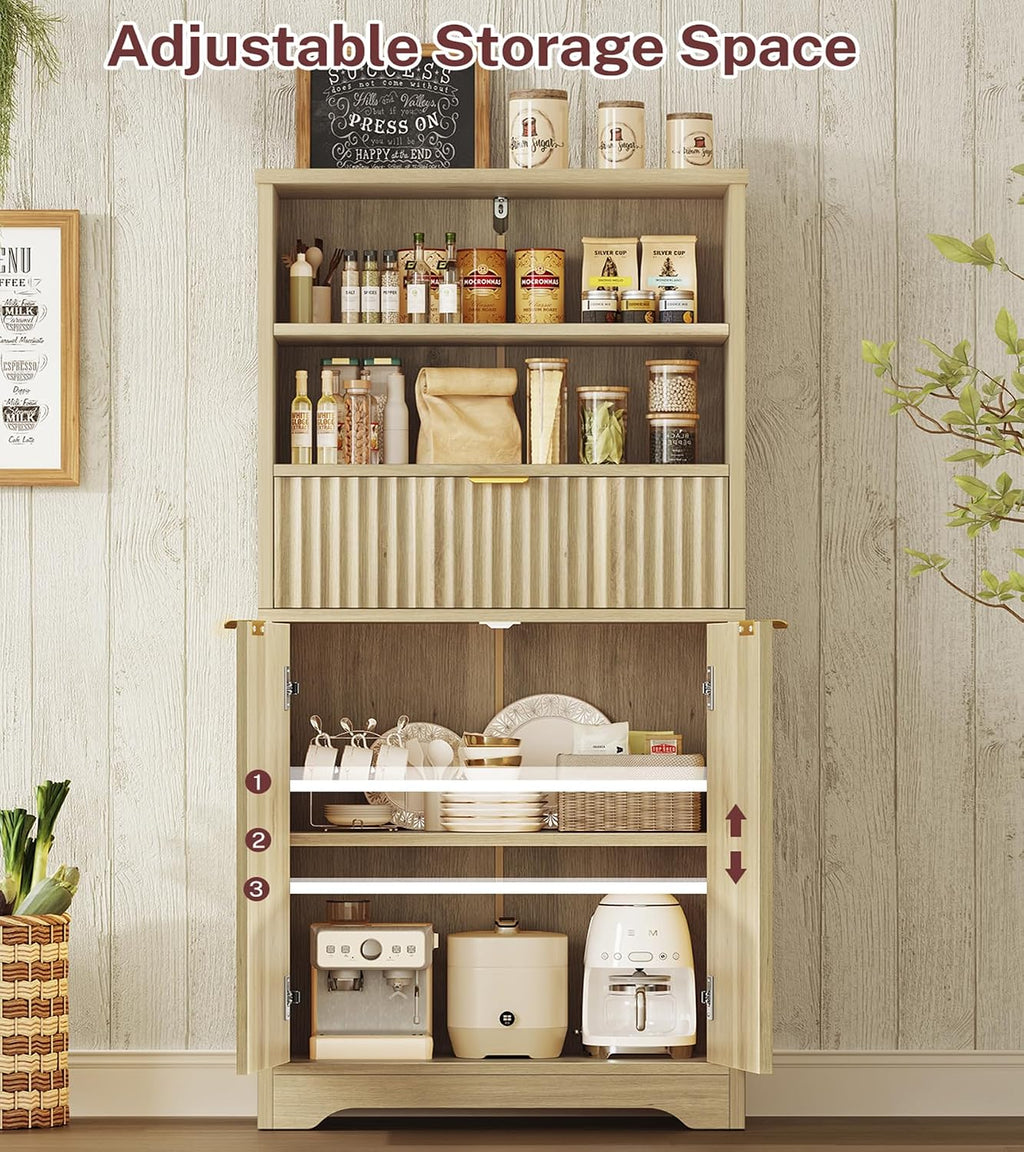 TEENFON Tall Storage Cabinet with Adjustable Shelf & Drawer, Fluted Cabinet with Doors, Kitchen Pantry Cabinets, Bathroom Storage Cabinets, for Living Room, Entryway, Home Office, Natural