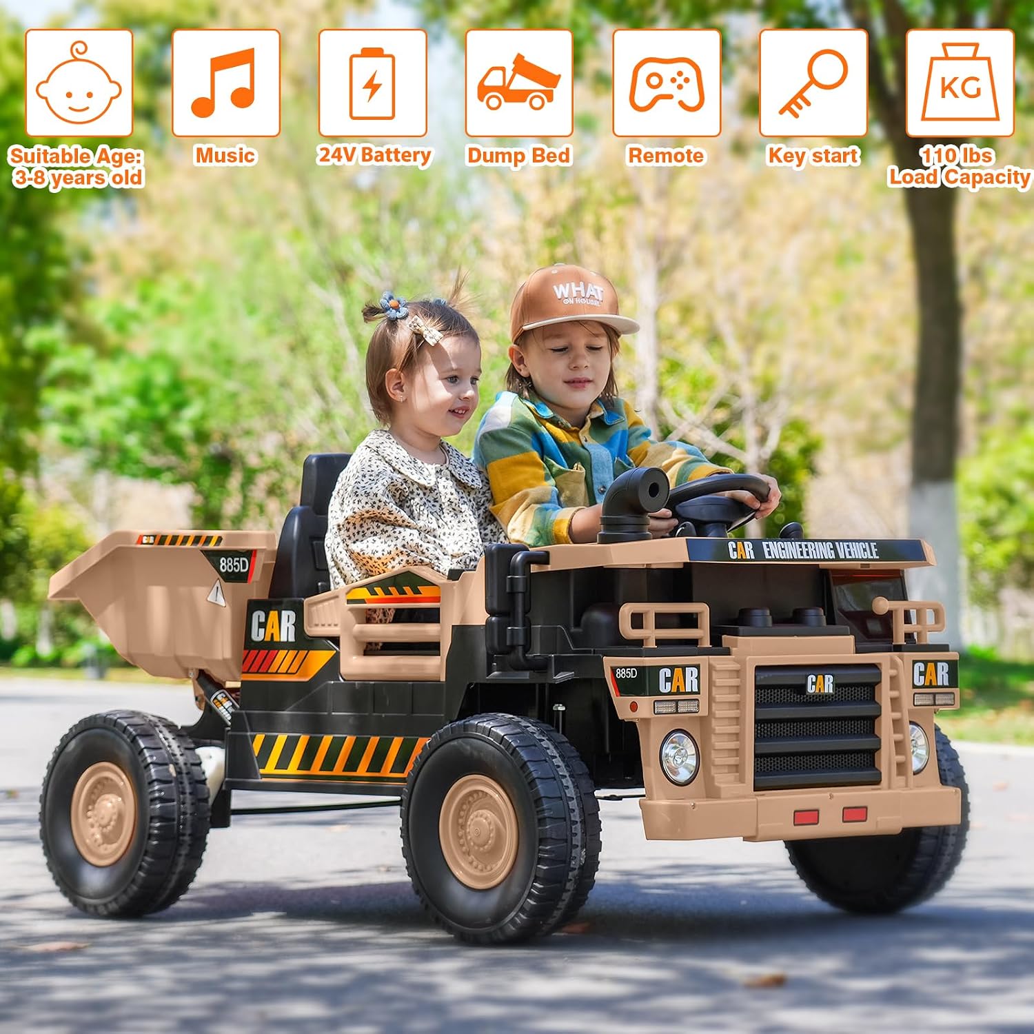 RunFast 24V 2 Seater Ride on Dump Truck for Kids,Electric Ride on Cars with Remote Control,2X75W Powerful Motors and Up to 4Mph,Electric Dump Bed,Extra Shovel,Music Player,Gift for Boy&Girl(Khaki,24V)