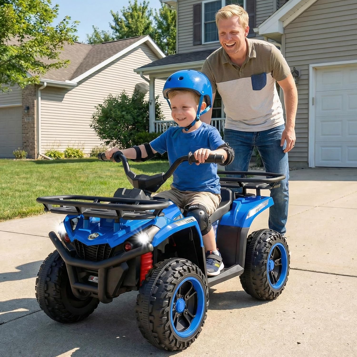 OLAKIDS 12V Kids ATV Quad with 2 Speeds, Spring Suspension, LED Lights, Music & Story Player, Big Tires, 2 Storage Spaces, Ride On Car for Boys Girls Ages 3+(12V, Blue)