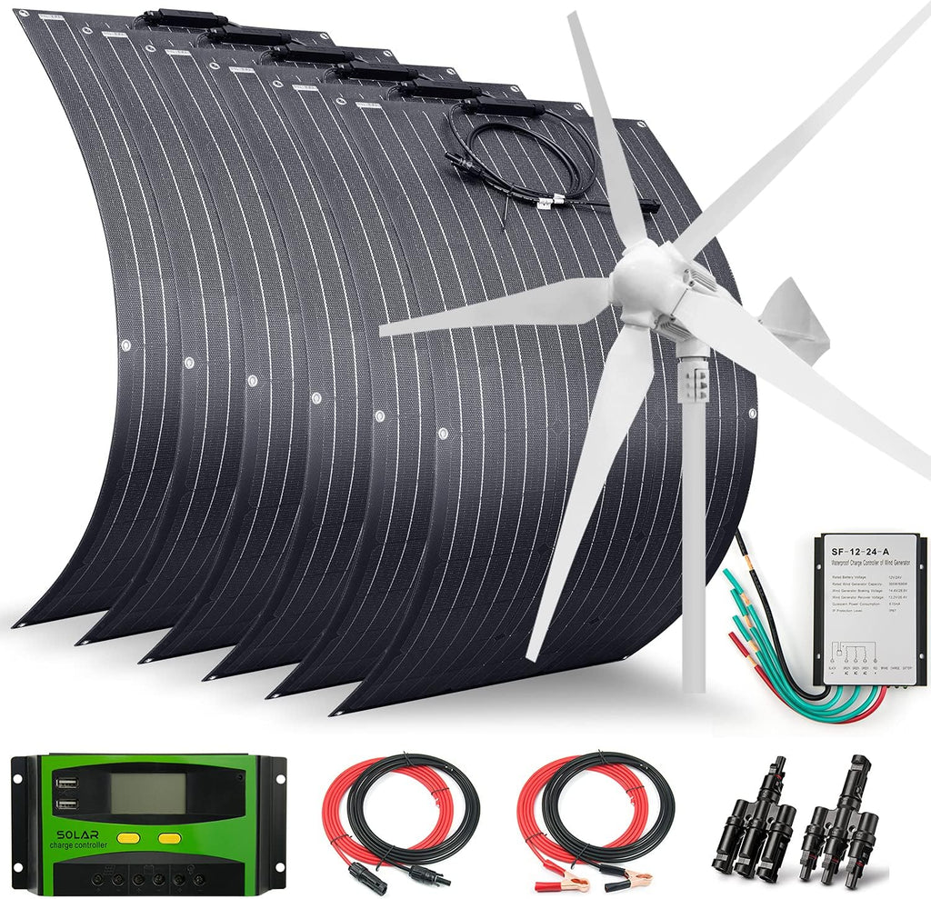 1600 Watts 24 Volts Solar Wind Hybrid System Kit:6pcs 100W ETFE Flexible Monocrystalline Solar Panel+1000W Wind Turbine Generator+Accessories
