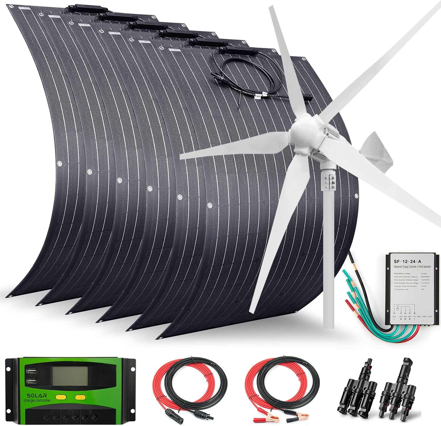 1600 Watts 24 Volts Solar Wind Hybrid System Kit:6pcs 100W ETFE Flexible Monocrystalline Solar Panel+1000W Wind Turbine Generator+Accessories