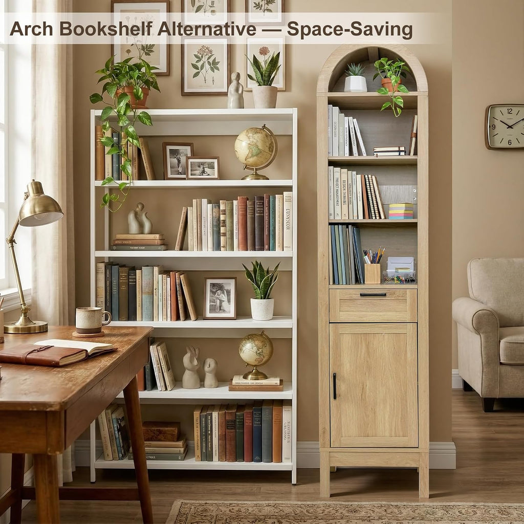 Narrow 71' Tall Wood Cabinet with Adjustable Shelves | Arched Storage Cabinet, 1 Door & 1 Drawer, Moisture-Resistant, Anti-Tipping, Sleek, Sturdy, Cam Lock, Space-Saving,
