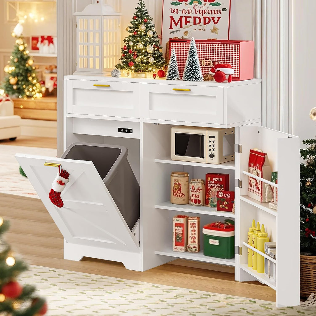 VECELO Tilt Out Trash Cabinet with Storage 9 Gallon Cabinet Trash Can with 2 Drawers, Free Standing Recycling Trash Can Storage with Ozone Generator/Charging Station, Pet Proof, White