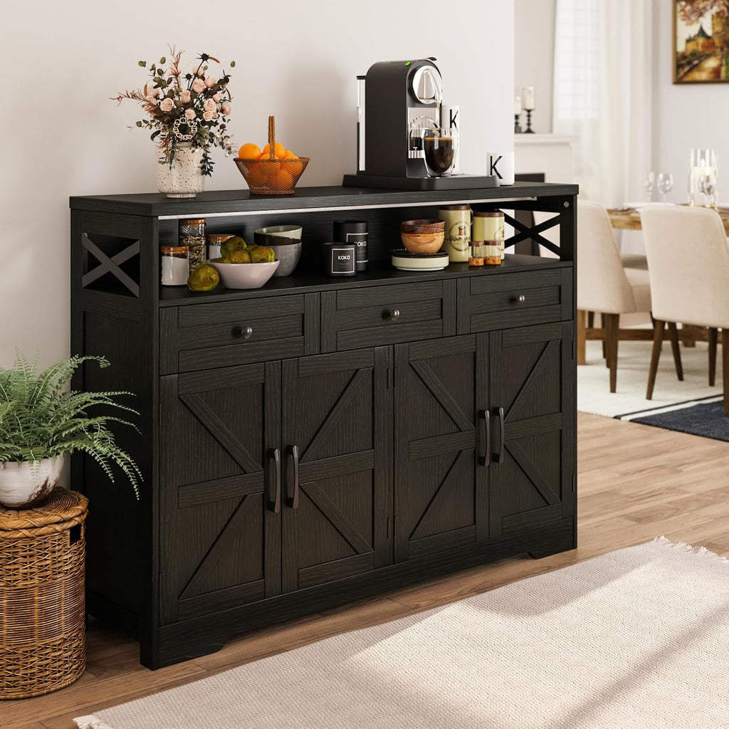Befrases 52' L Modern Farmhouse Sideboard Buffet Cabinet, Black Storage Cabinet with Drawers & Shelves, Kitchen Pantry Hutch, Coffee Bar Station Table for Living Room, Dining Room, Entryway