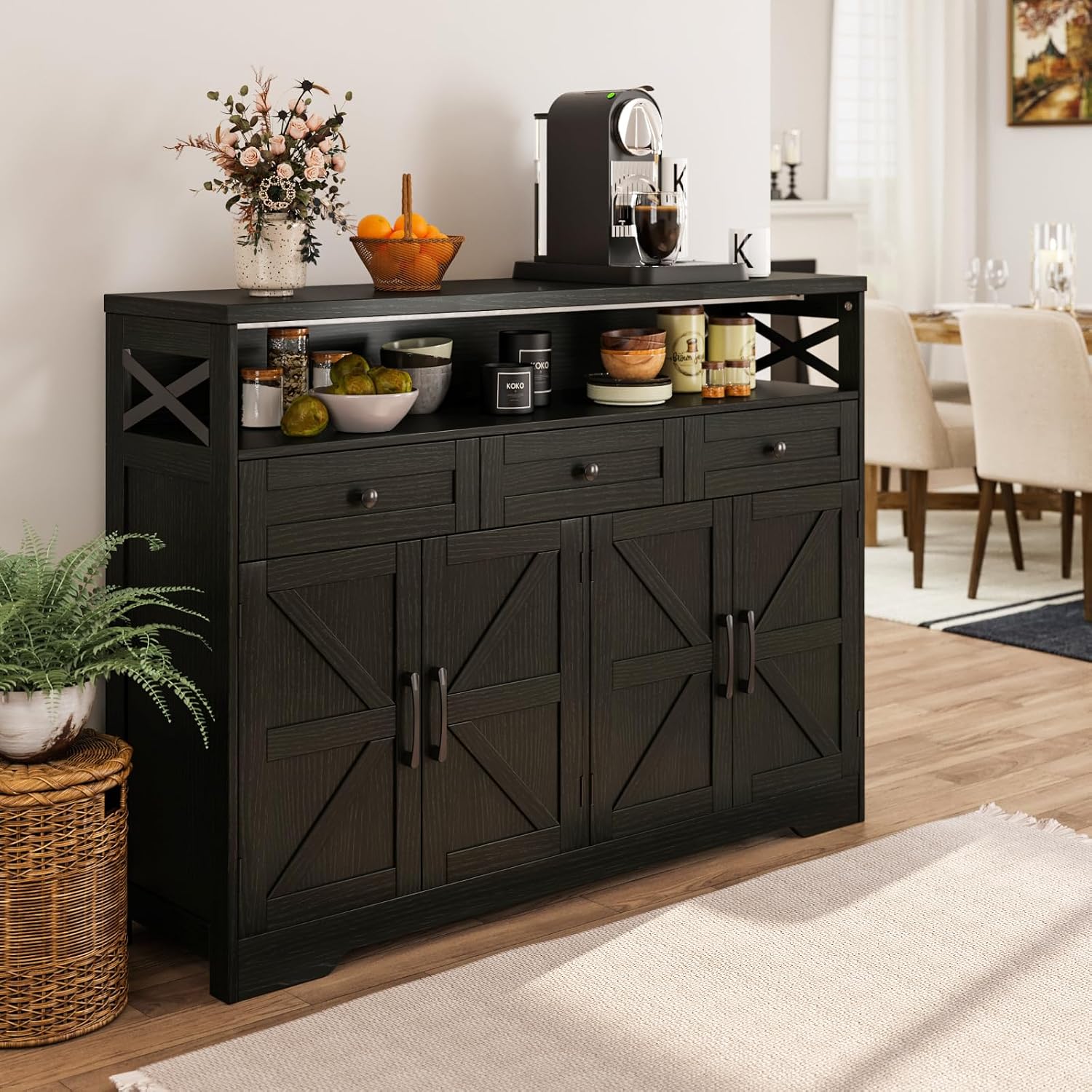 Befrases 52' L Modern Farmhouse Sideboard Buffet Cabinet, Black Storage Cabinet with Drawers & Shelves, Kitchen Pantry Hutch, Coffee Bar Station Table for Living Room, Dining Room, Entryway