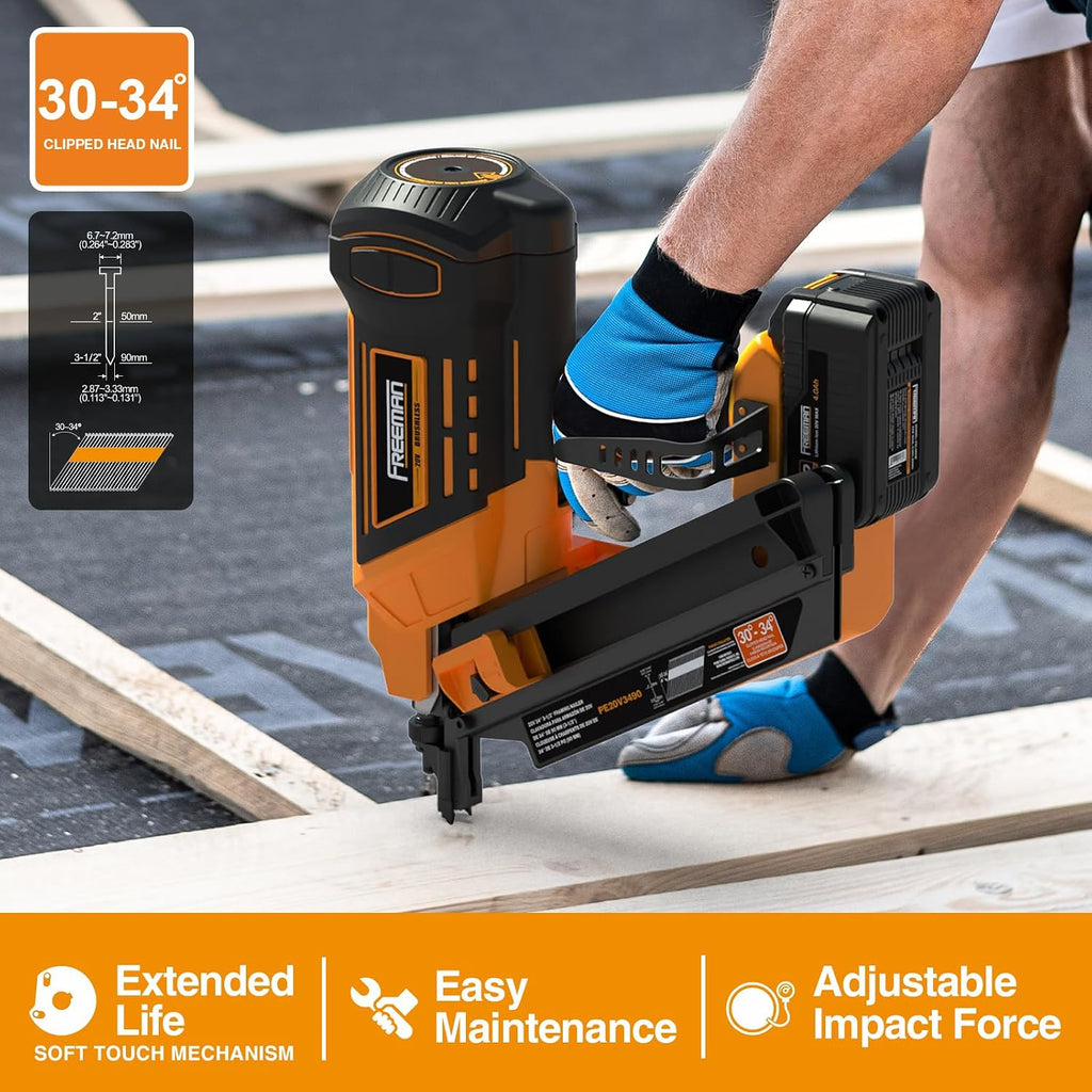 Freeman F20 20V Cordless Brushless Framing Nailer – 34-Degree, 3-1/2' Nails, Dual Mode, Depth Adjust, Includes 4.0Ah Lithium-Ion Battery, Charger, and Bag, PE20V3490